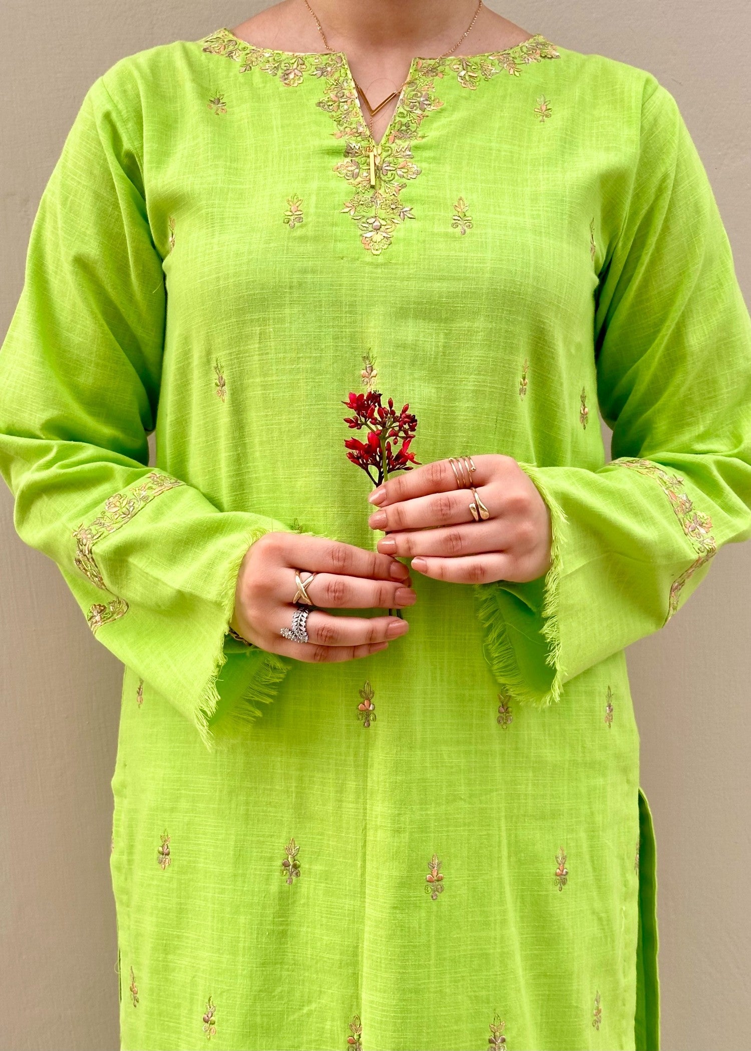 slub lawn Kurta Set in Neon green