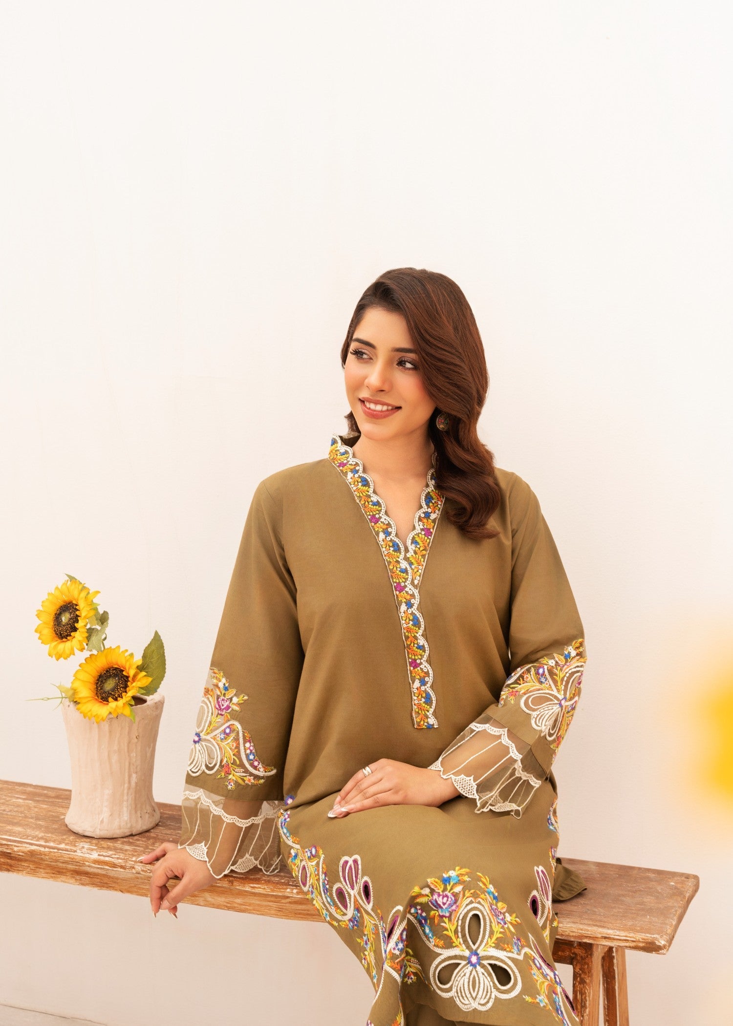 cambric Kurta Set in Brown