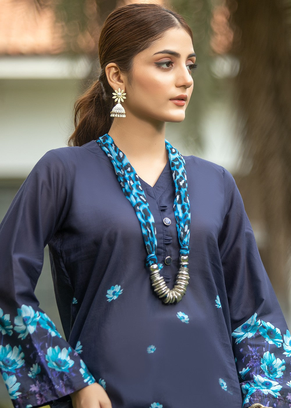 lawn Kurta Set in Dark blue