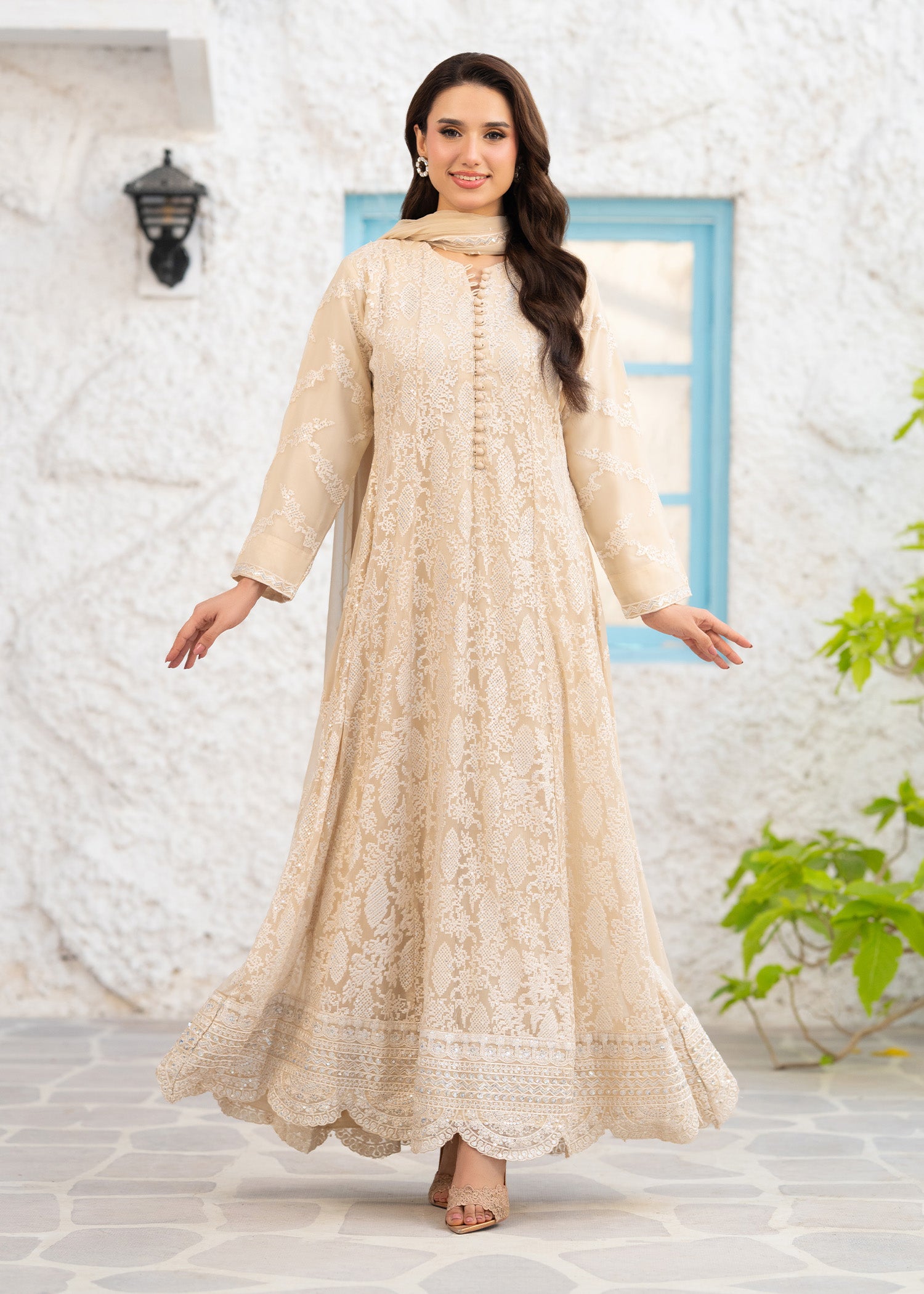 chiffon Pishwas in Cream