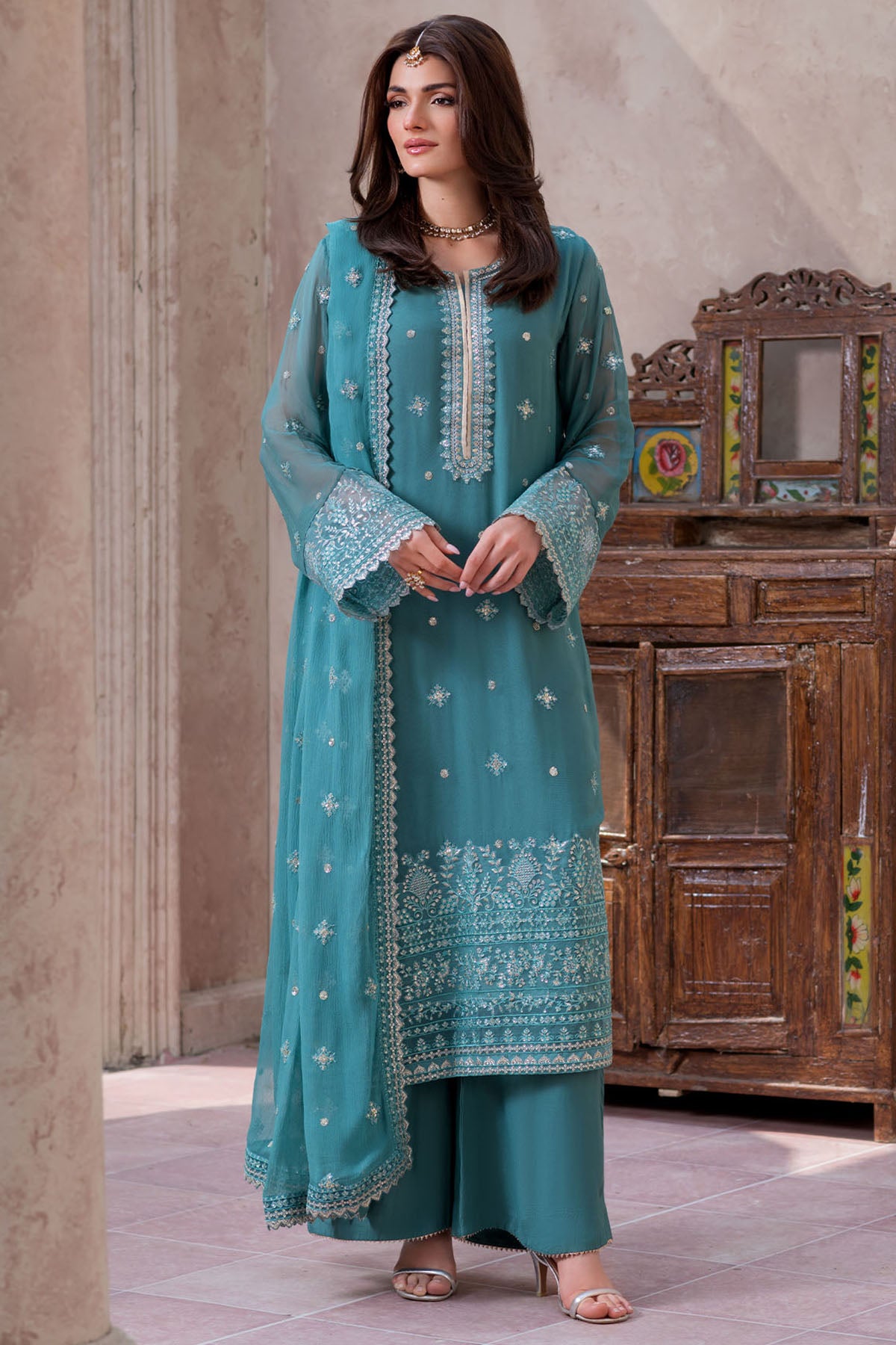 crinkle chiffon Kurta Set in Teal