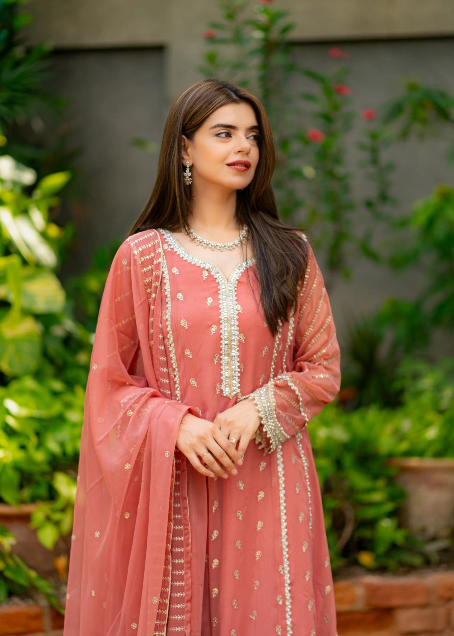 chiffon Pishwas in Peach pink