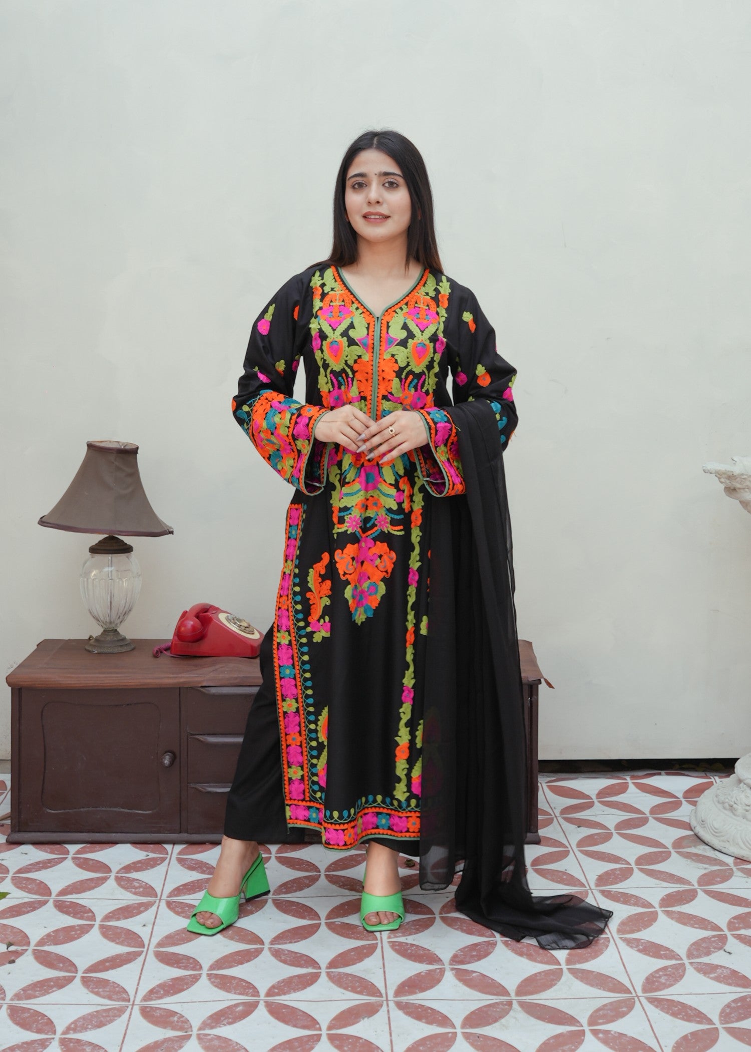 cotton Kurta Set in Black, multi