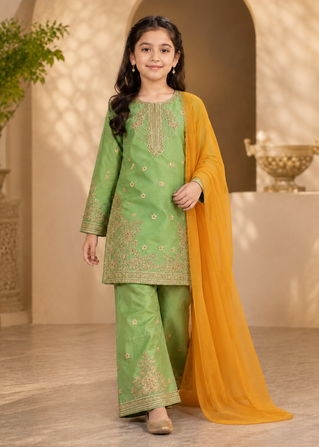 chiffon Kurta Set in Key lime