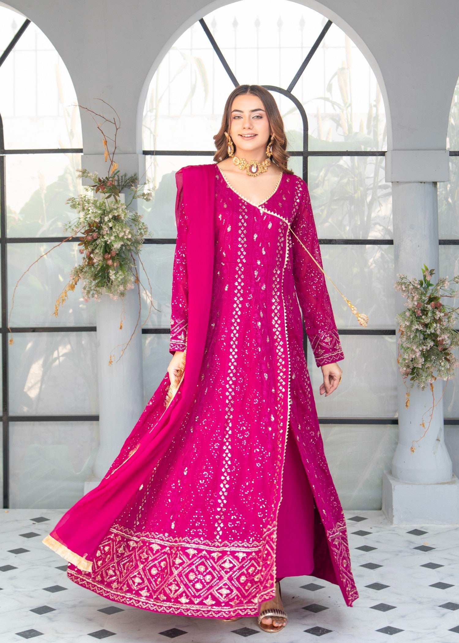 chiffon Angrakha in Magenta