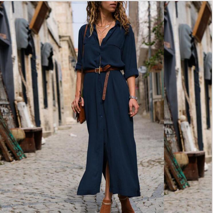 Women's Split Long Dress Skirt - Solid Color, Long Sleeves for Elegant Look
