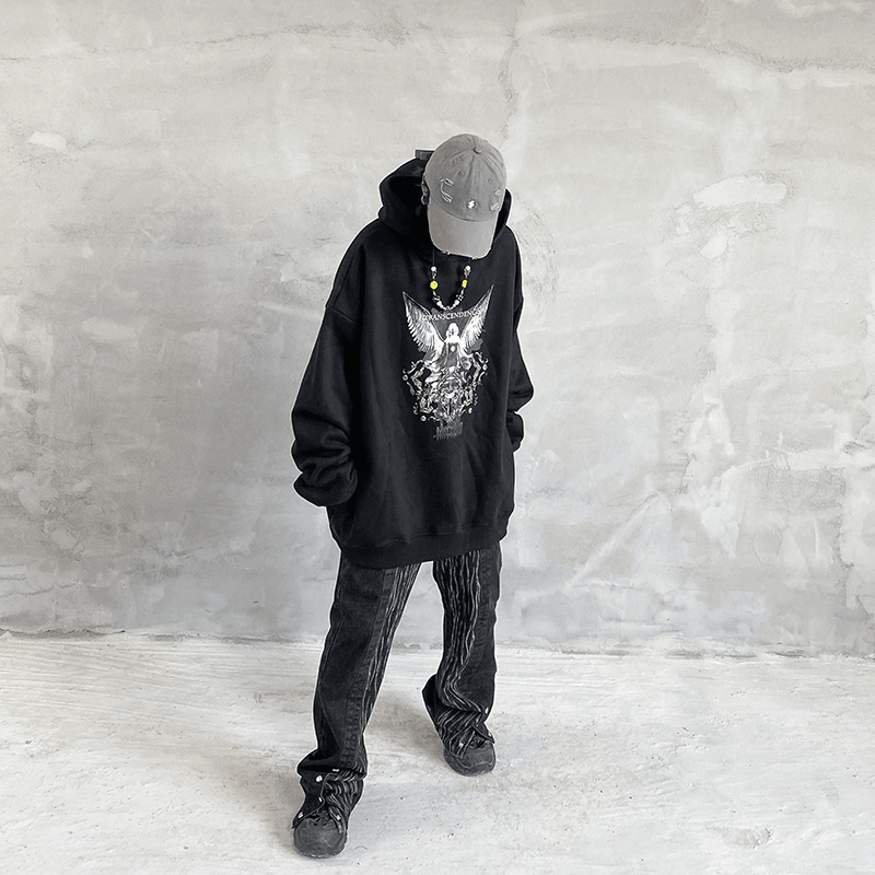 Hip Hop Angel Print Hooded Pullover Sweatshirt
