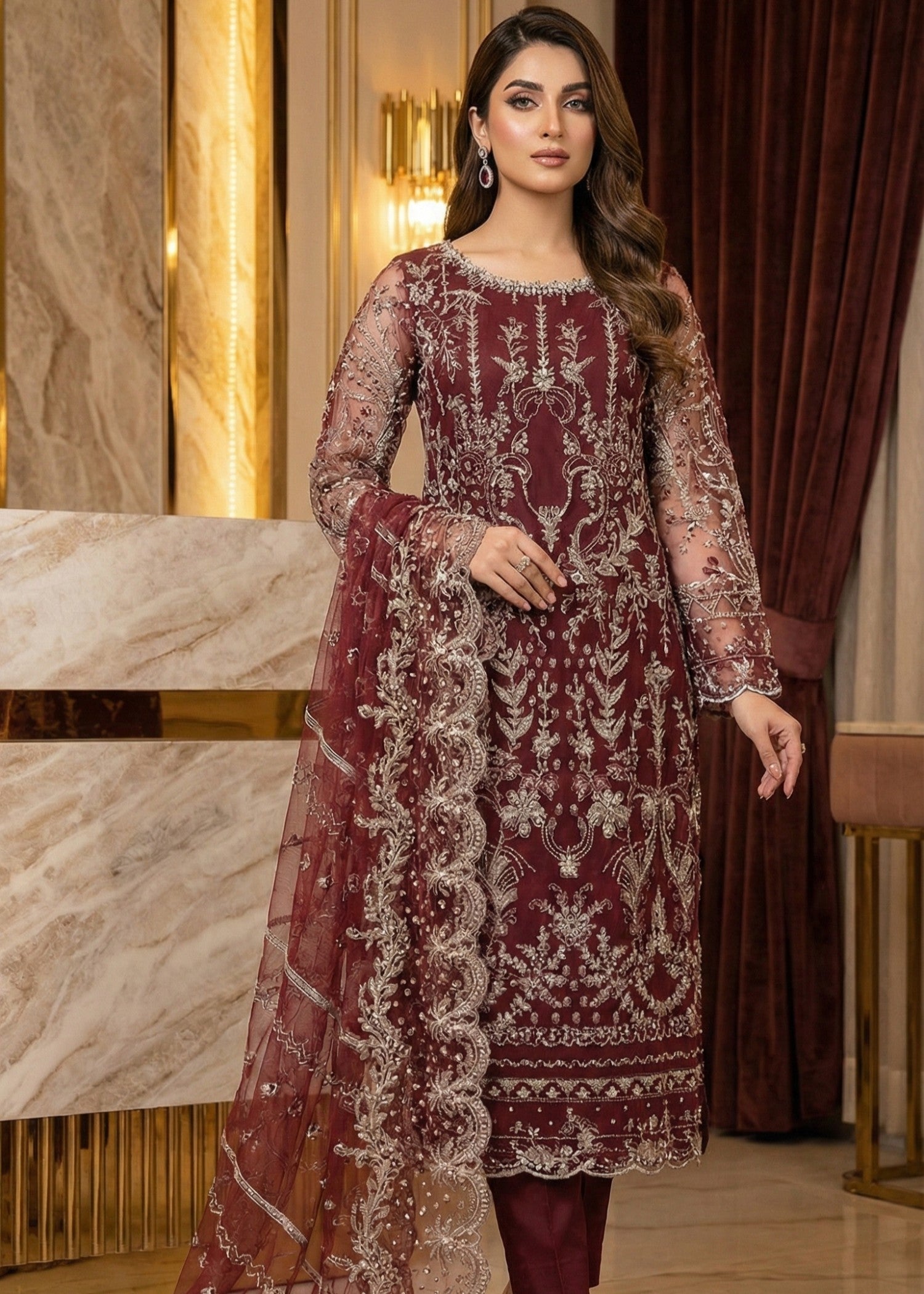 net Kurta Set in Burgundy