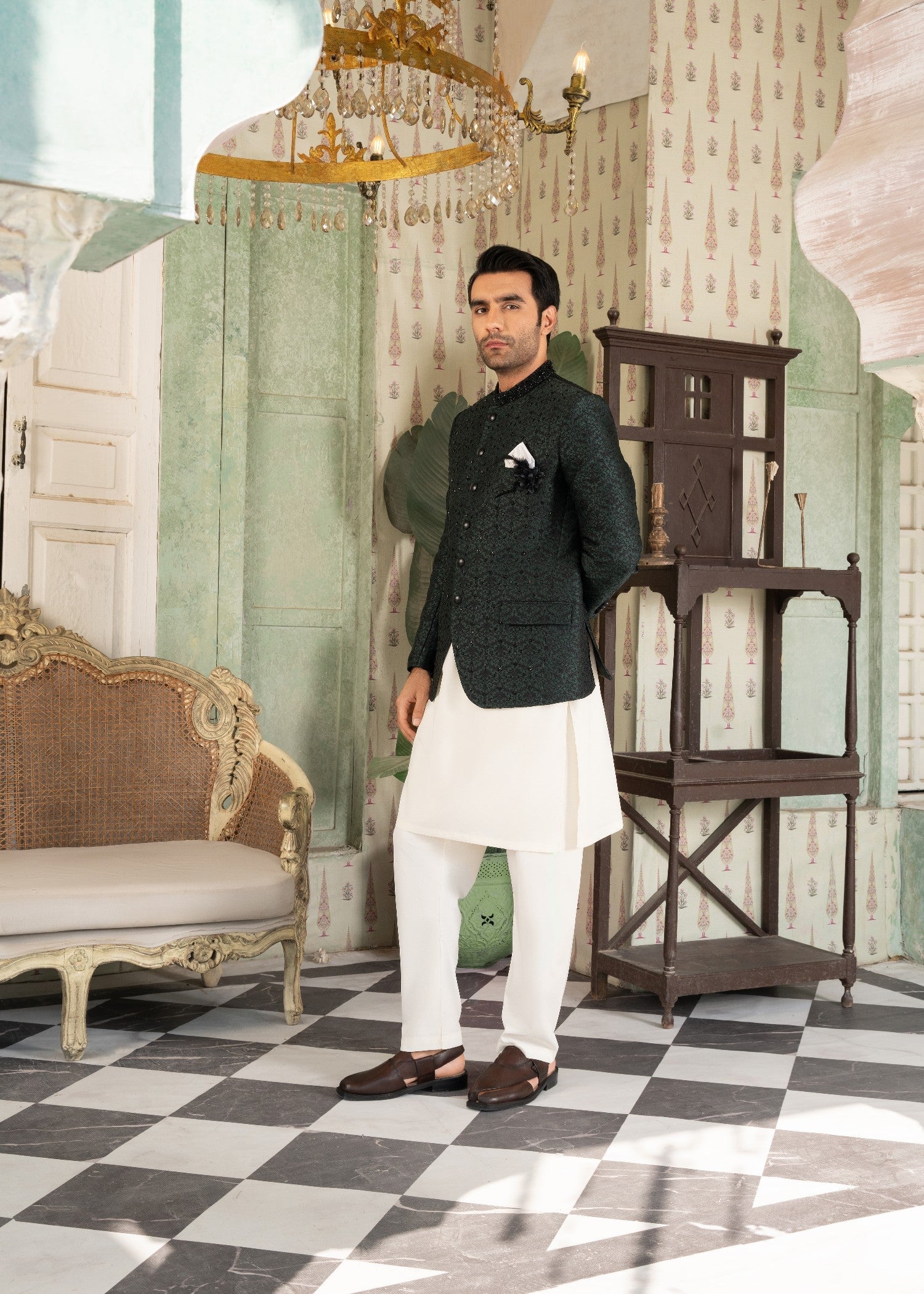 jamawar Prince Coat in Bottle green