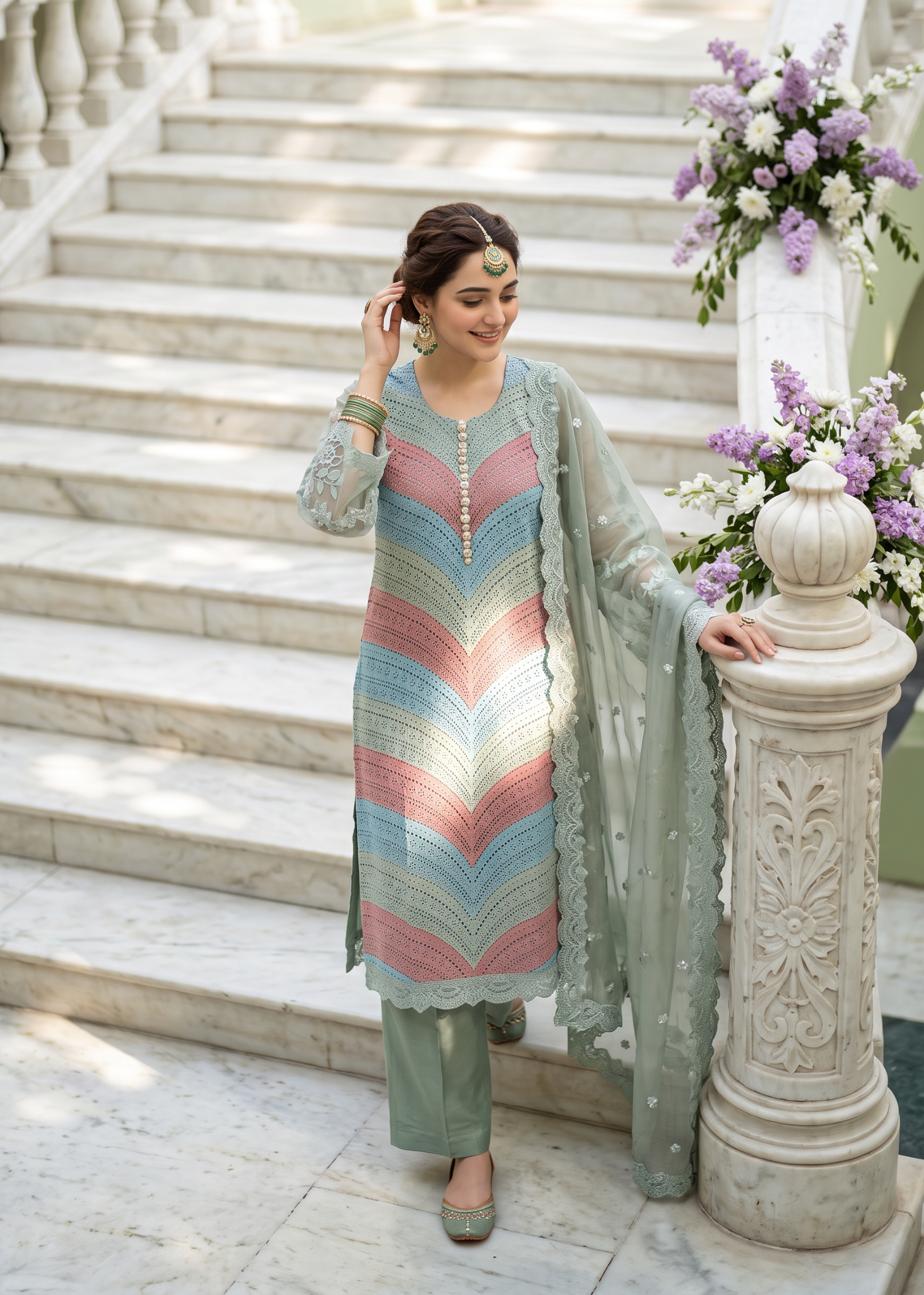 organza Kurta Set in Sky blue, moss green, taffy pink