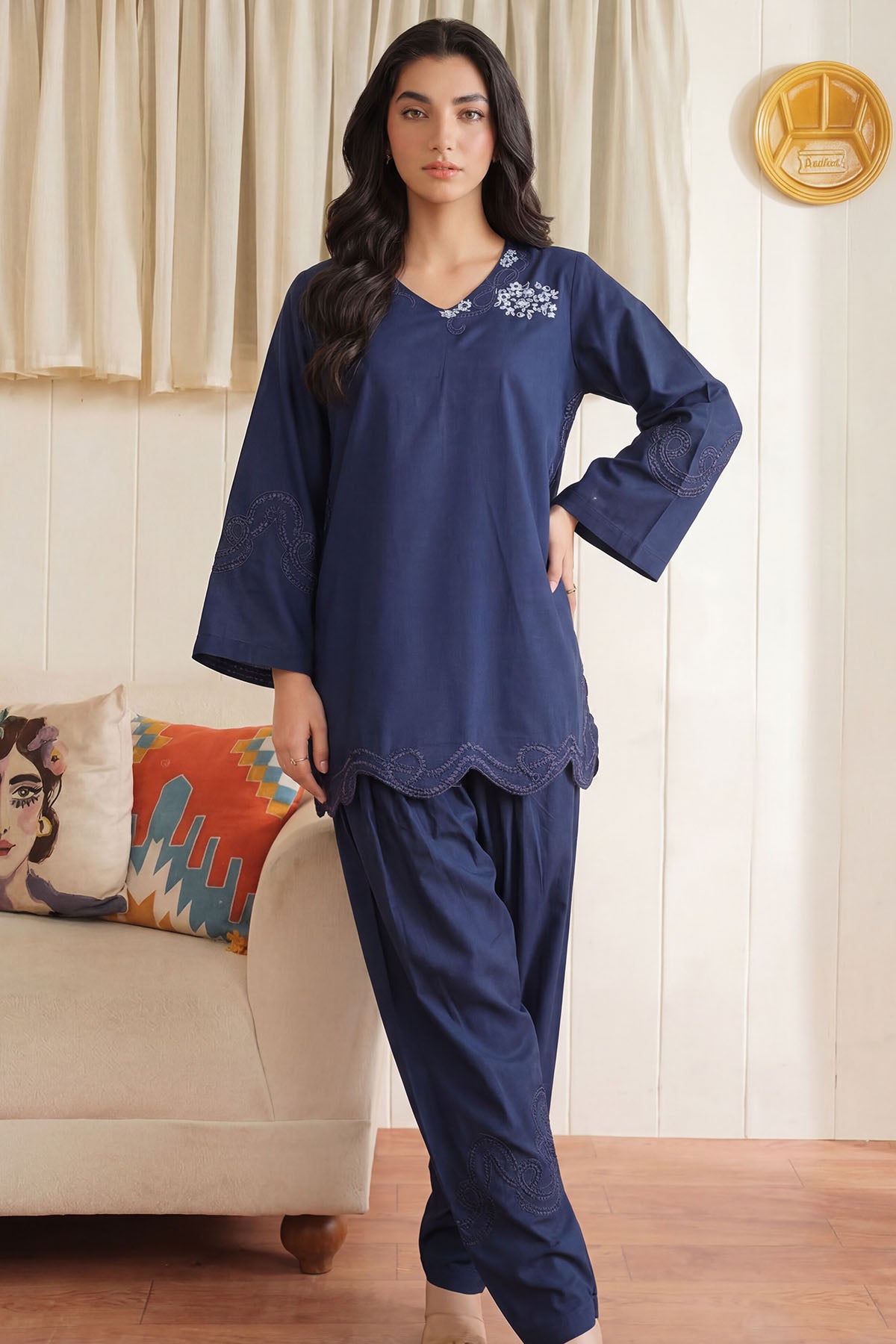 cambric Kurta Set in Navy blue