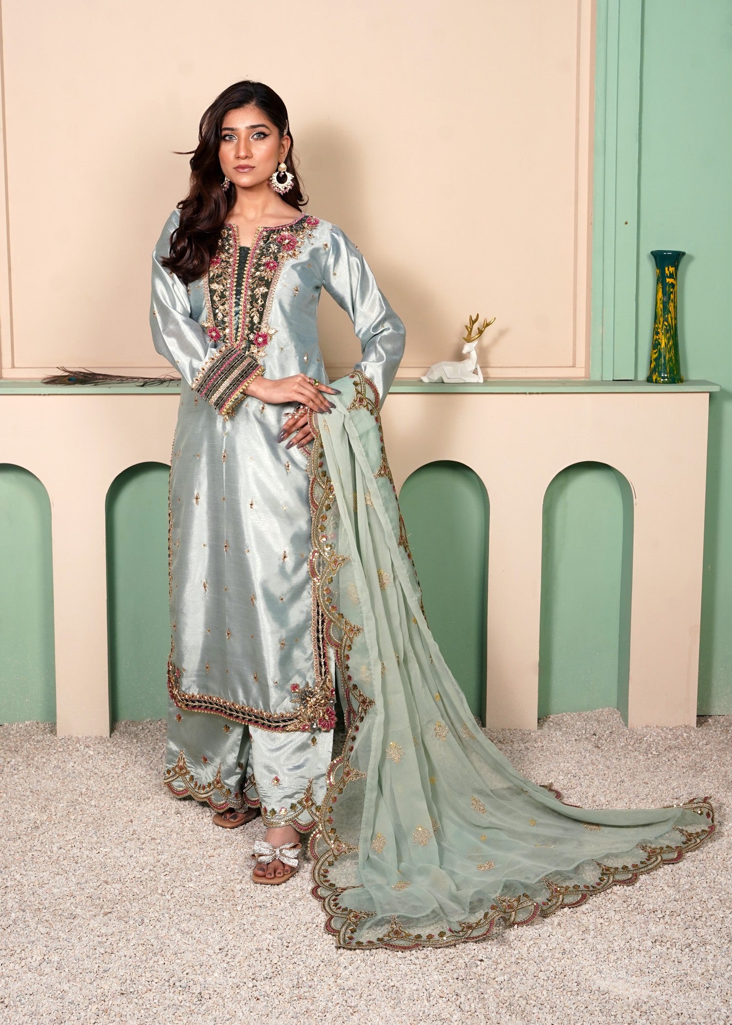 tussar silk Kurta Set in Light blue
