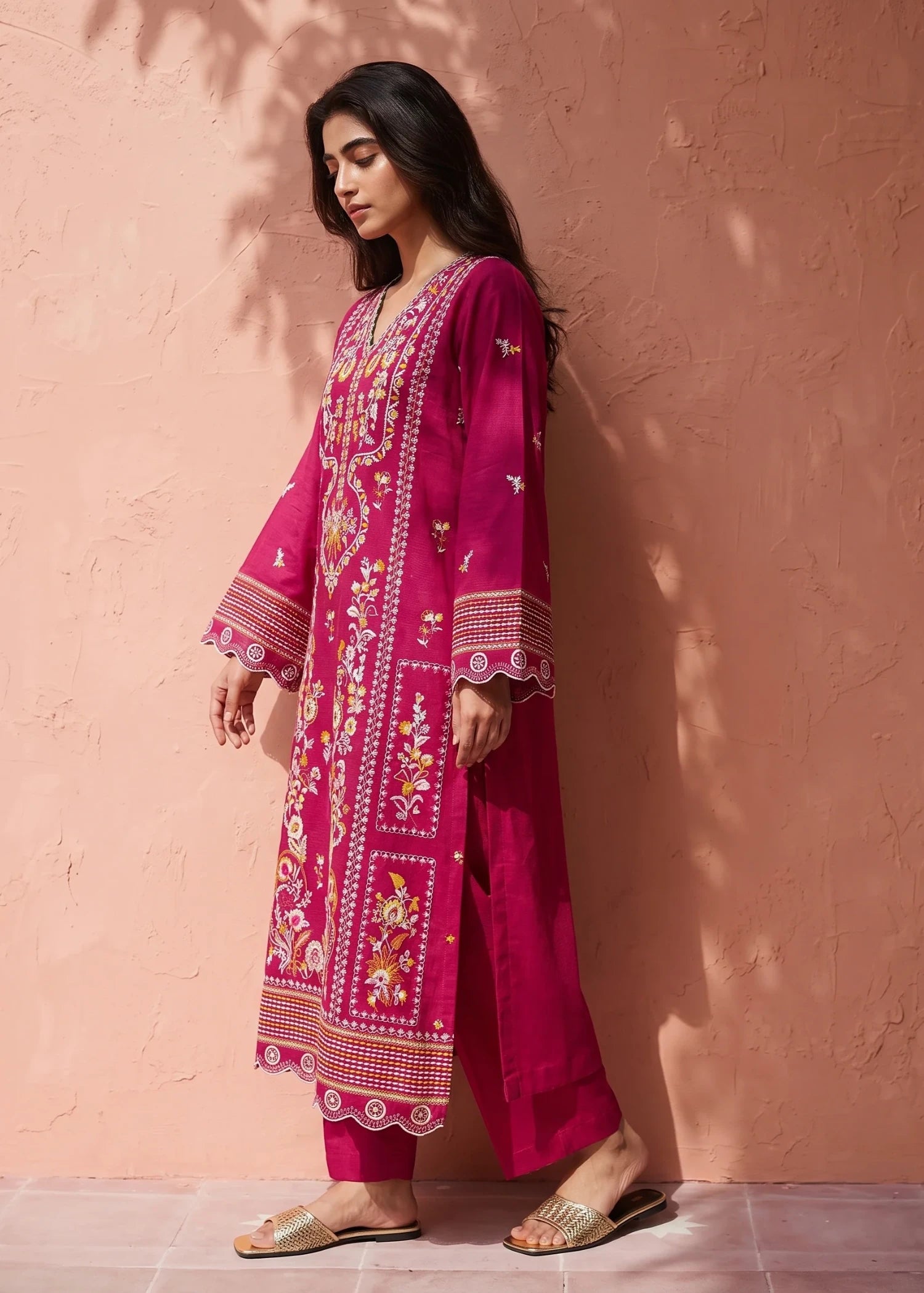 cotton Kurta Set in Mint green, hot pink