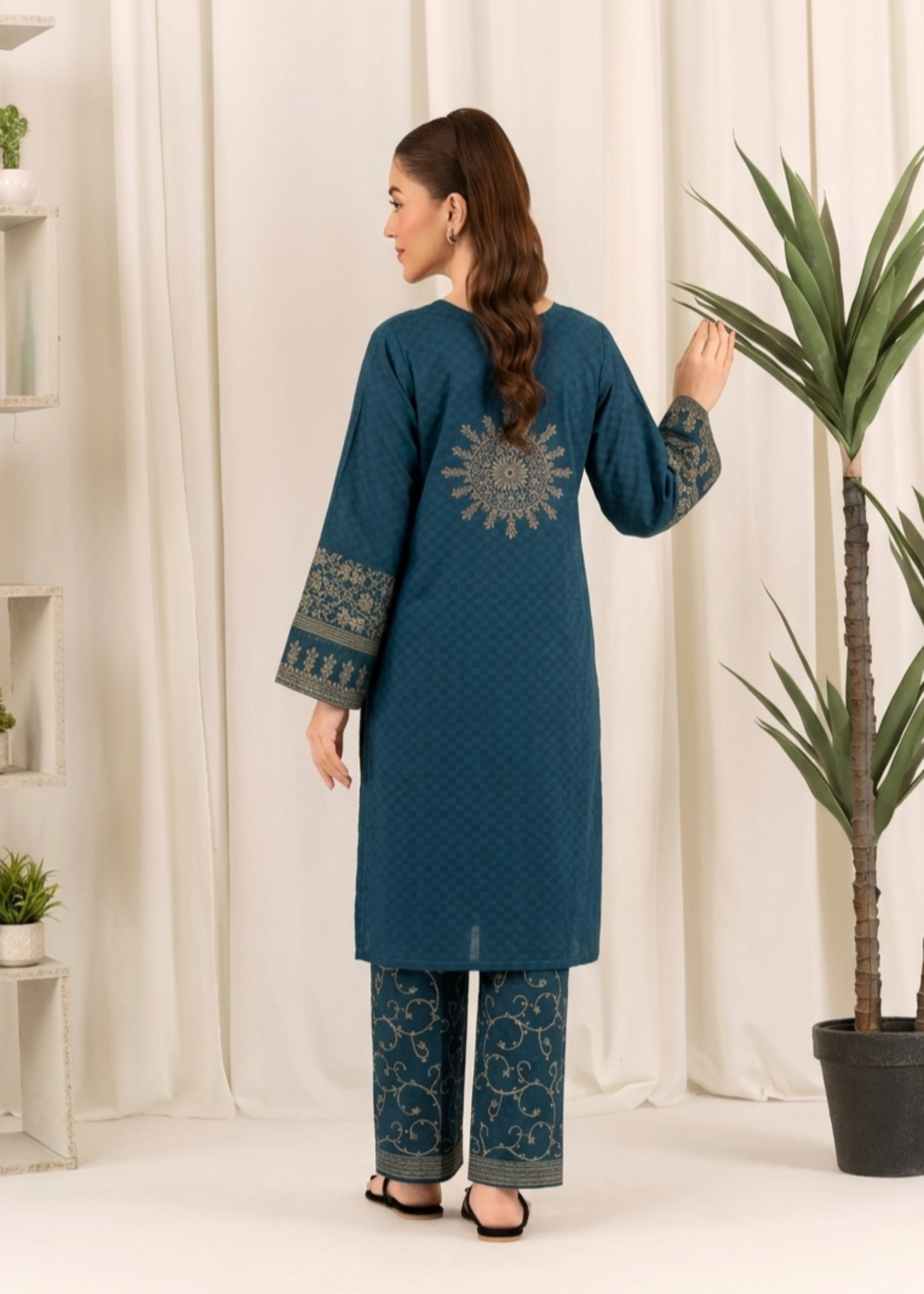 cotton satin Kurta Set in Teal