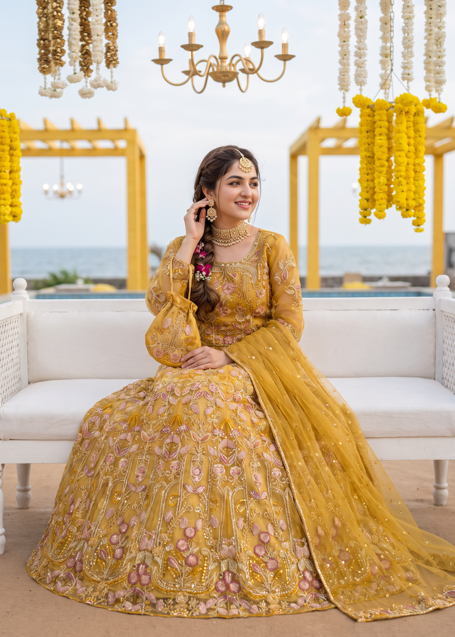 net Lehenga in Honey
