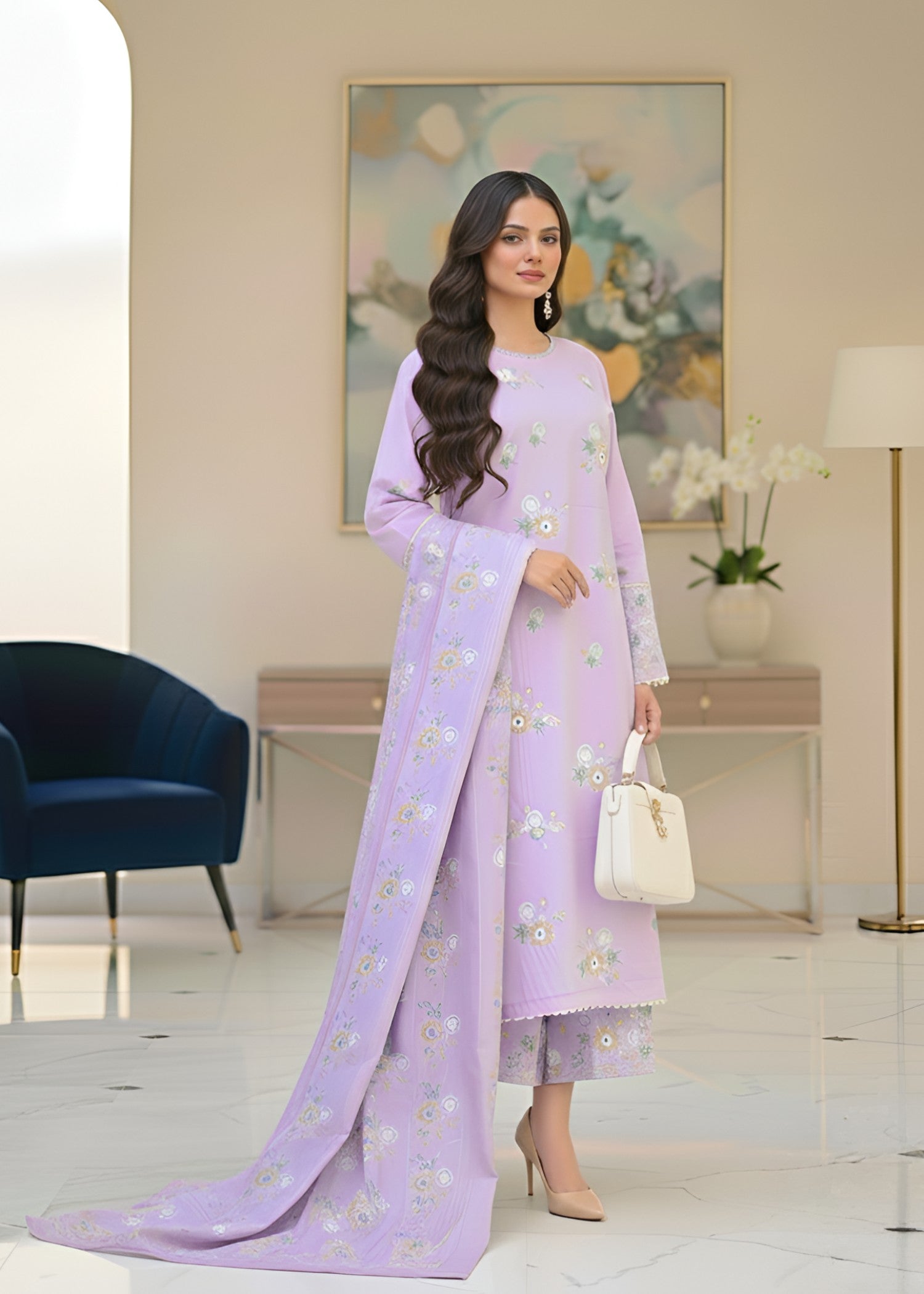cambric Kurta Set in Lavender mist