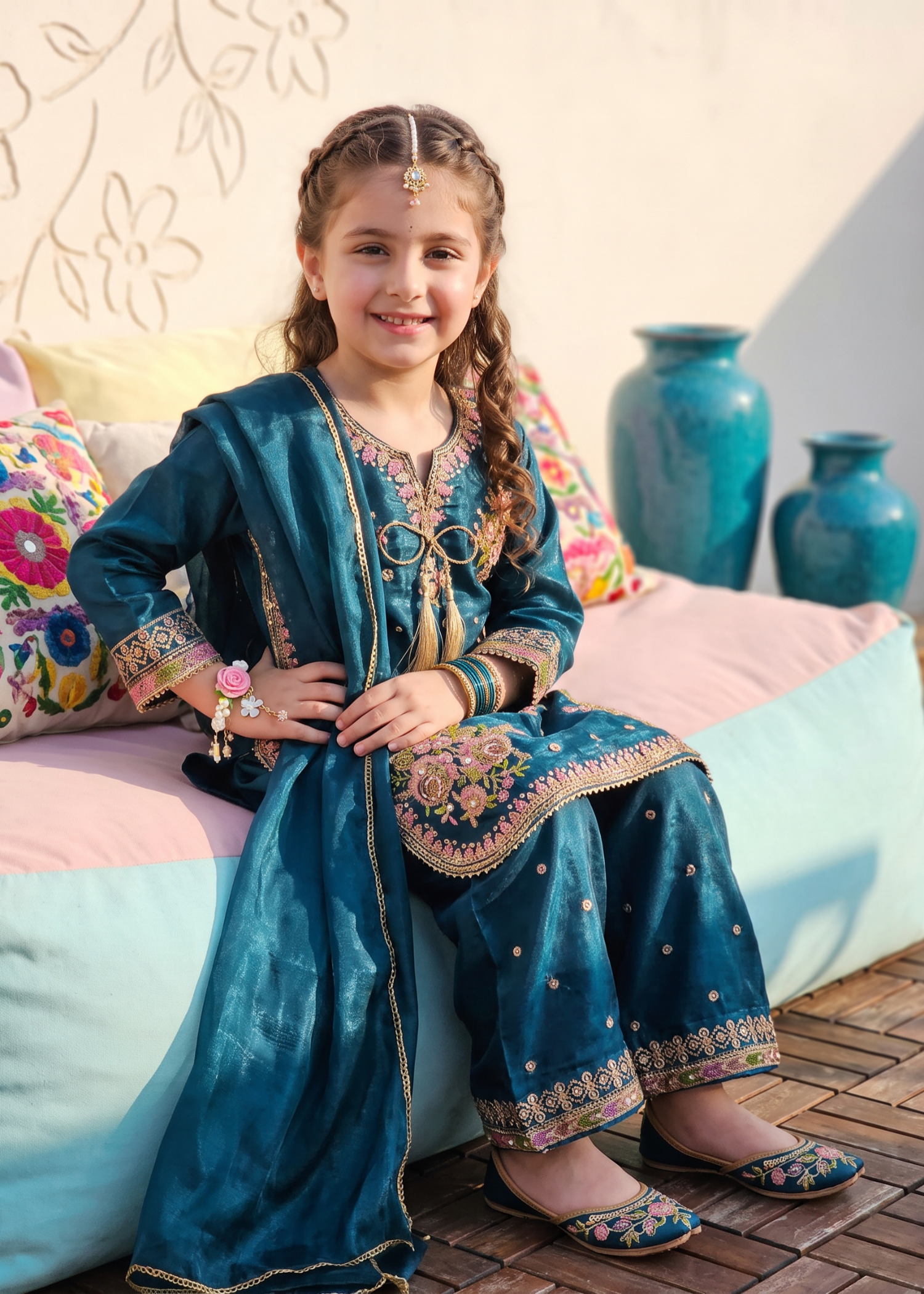 tissue silk Kurta Set in Teal