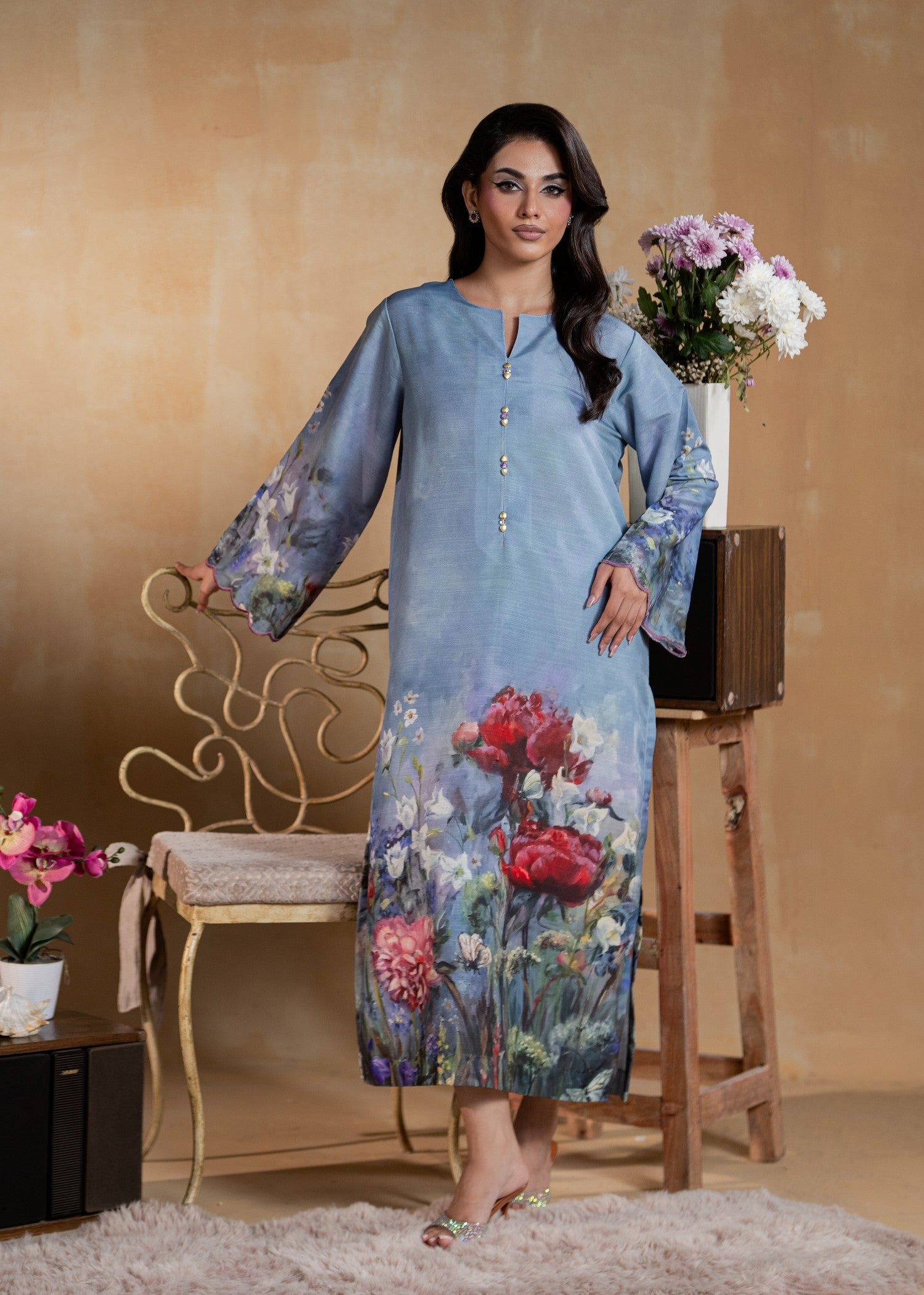 fine khaddar Kurta Set in Light blue