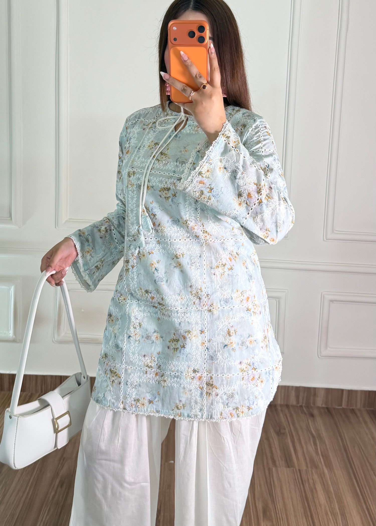 lawn Kurta Set in Off-white, ice blue