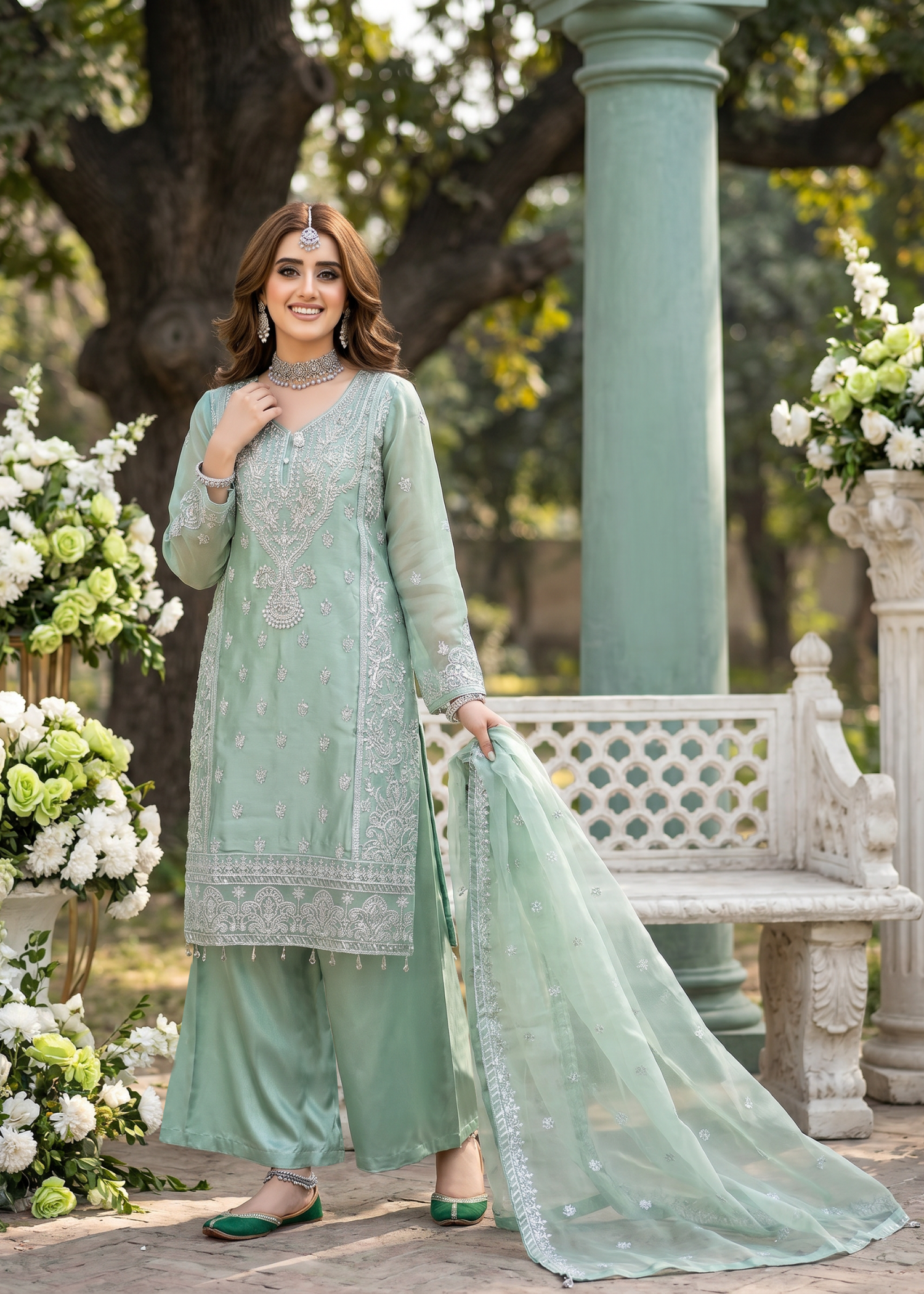 organza Sharara in Moss green
