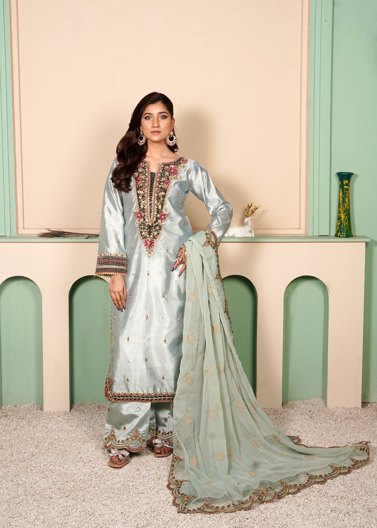 tussar silk Kurta Set in Light blue