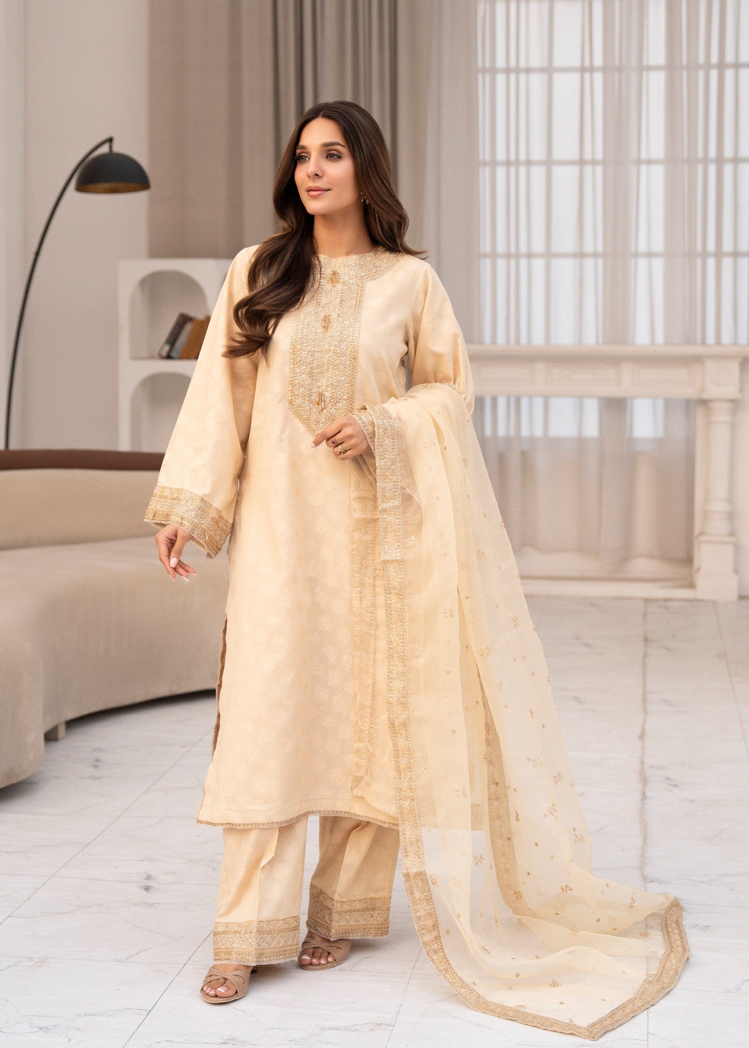 jacquard Kurta Set in Cream