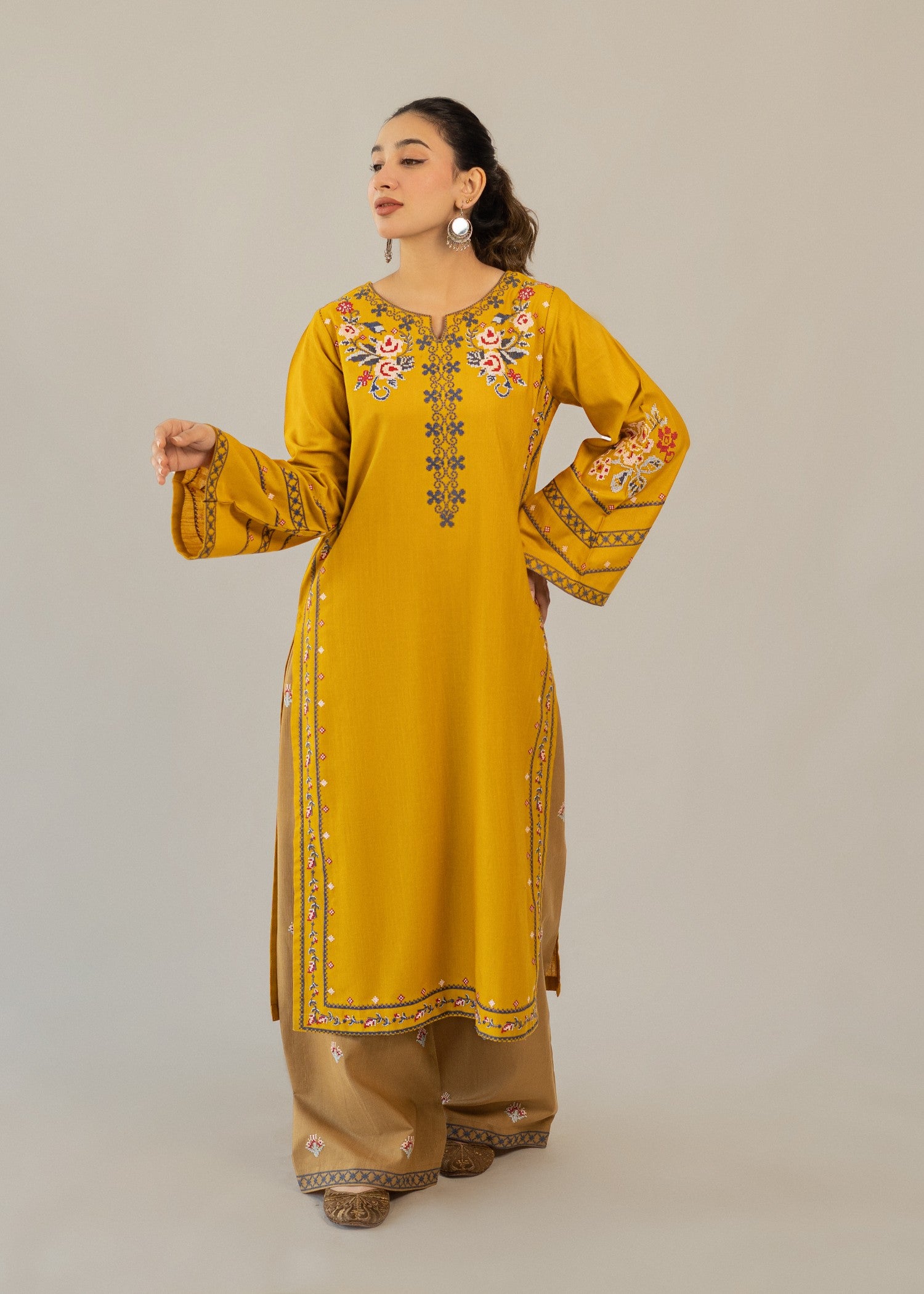 slub khaddar Kurta Set in Mustard, almond brown