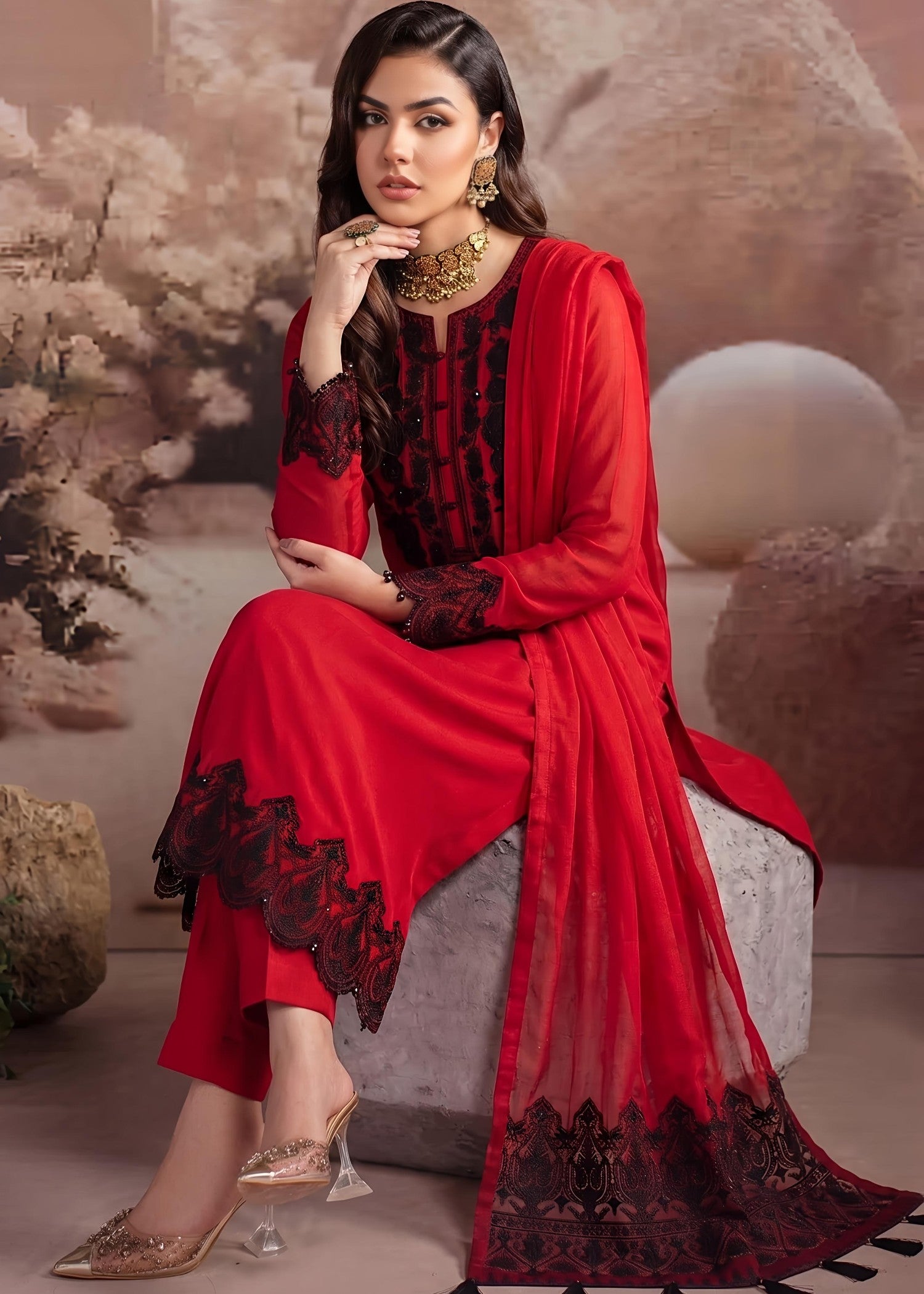 bemberg crinkle chiffon Kurta Set in Blood red