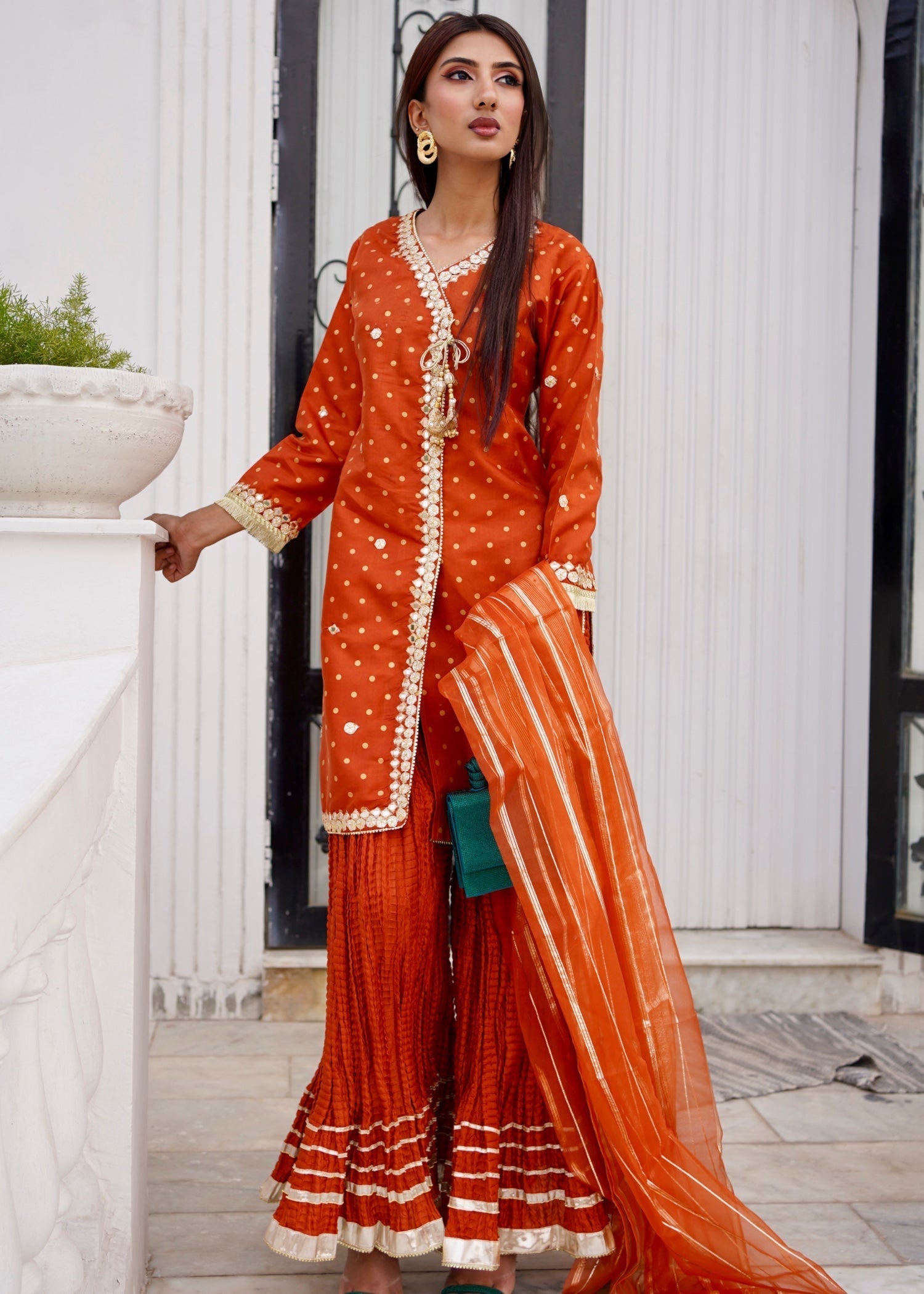kattan silk Angrakha in Rust orange