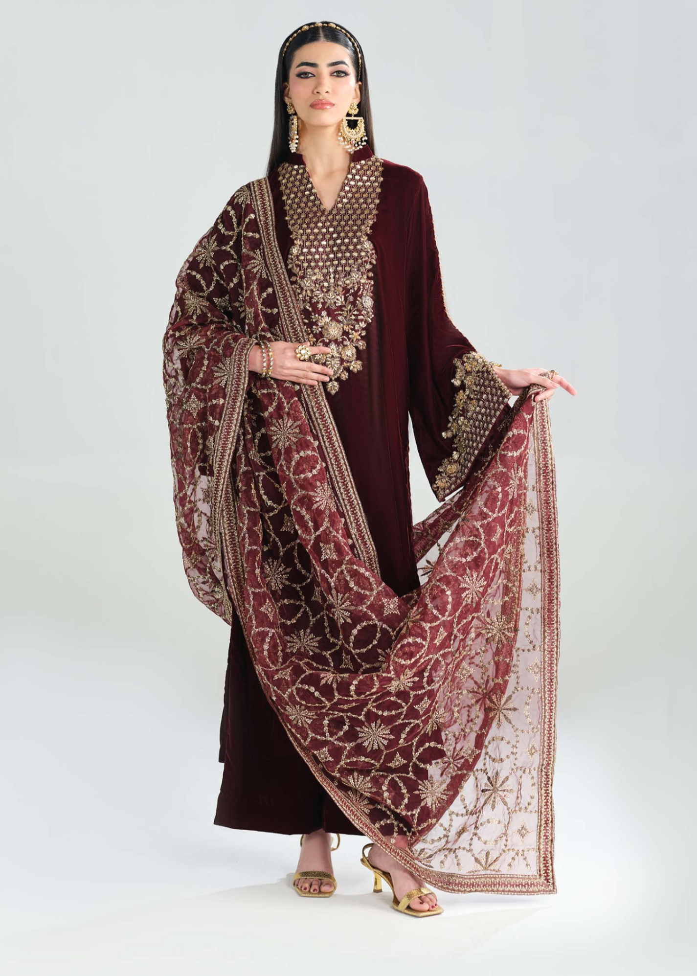 velvet Kurta Set in Blood red