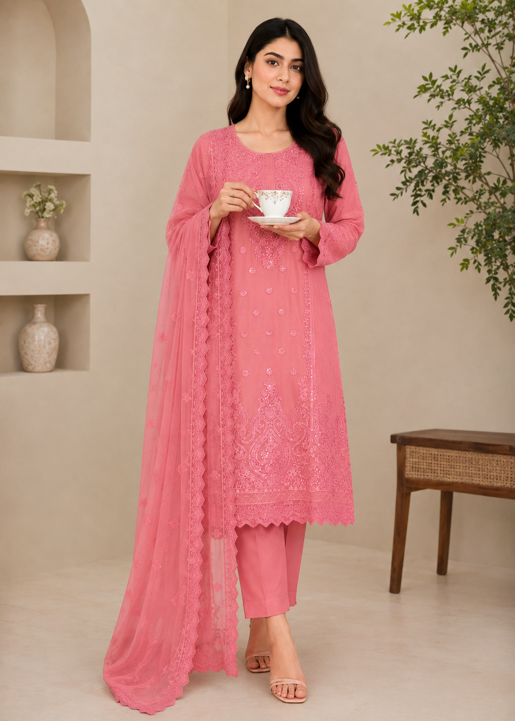 chiffon Kurta Set in Rose pink