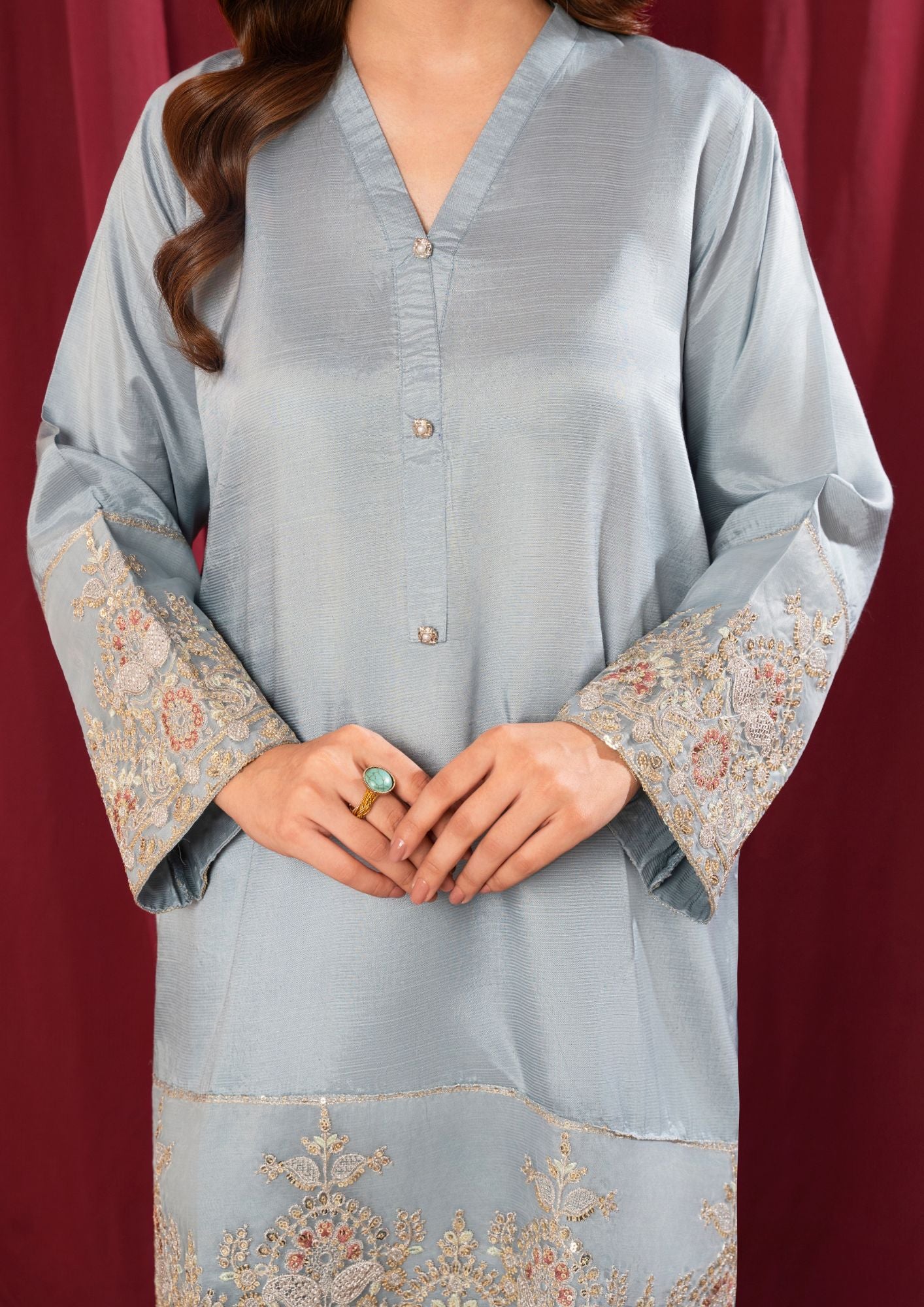 pk raw silk Kurta Set in Duck egg grey