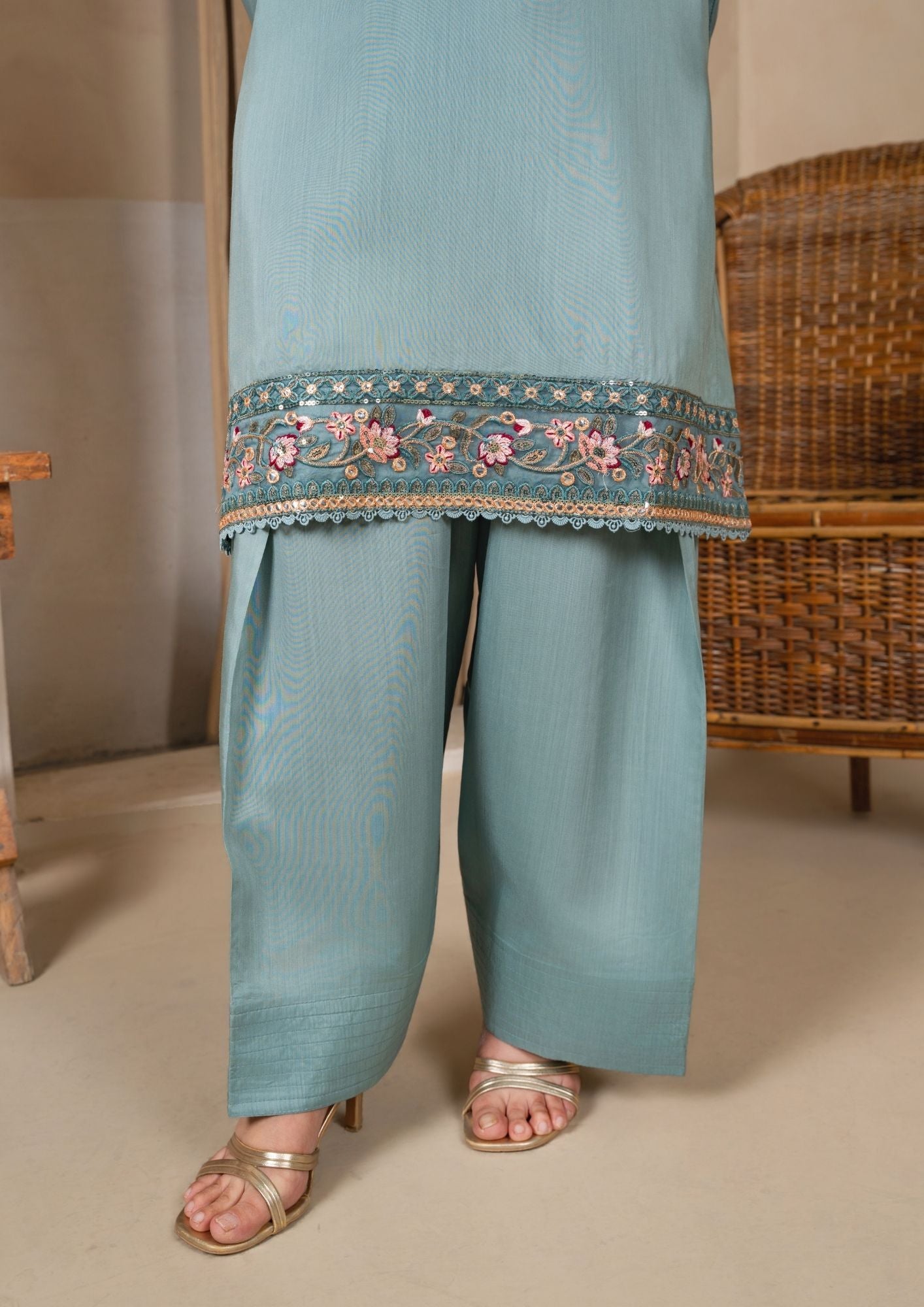 viscose raw silk Kurta Set in Duck egg grey