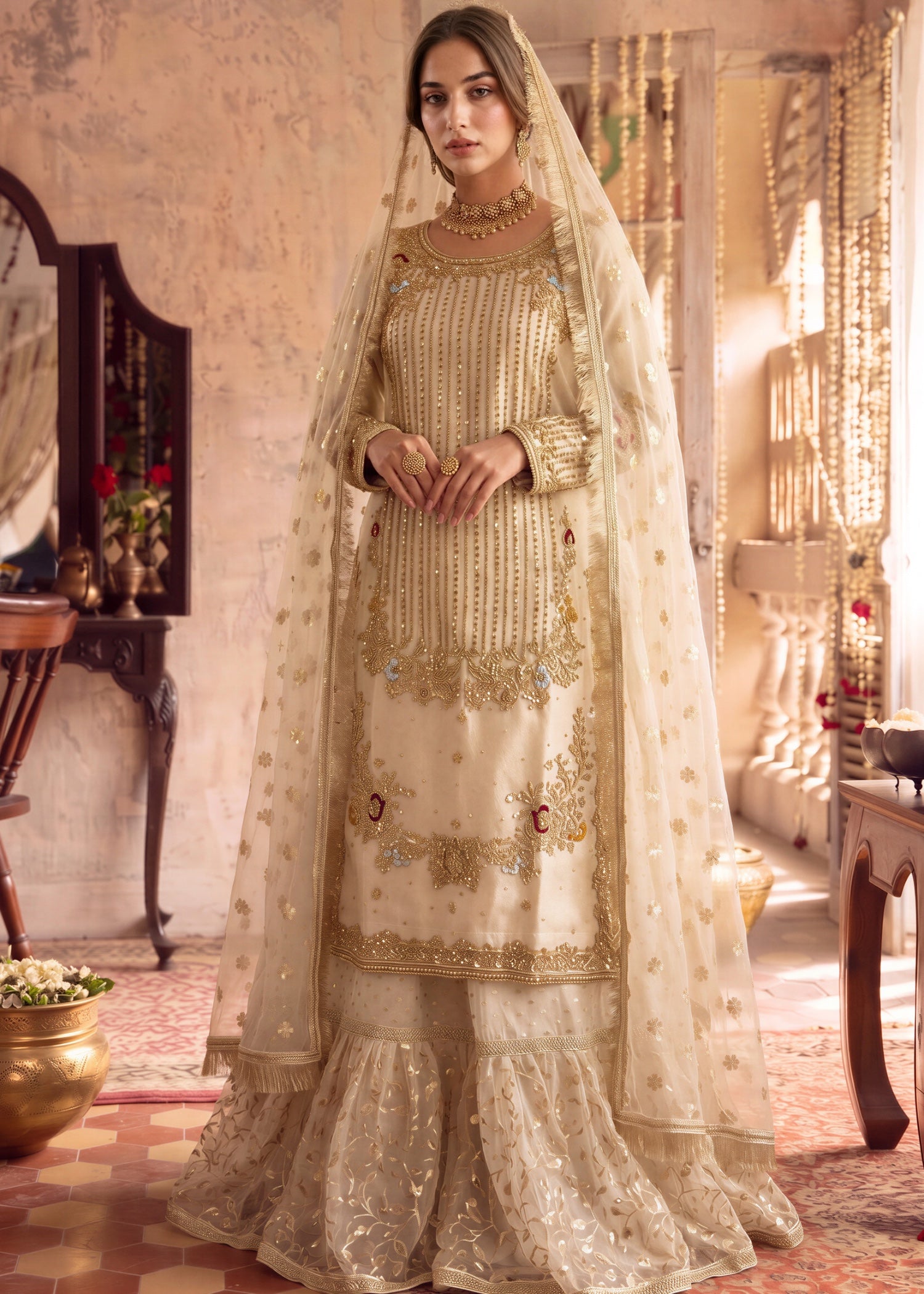 organza Lehenga in Off-white