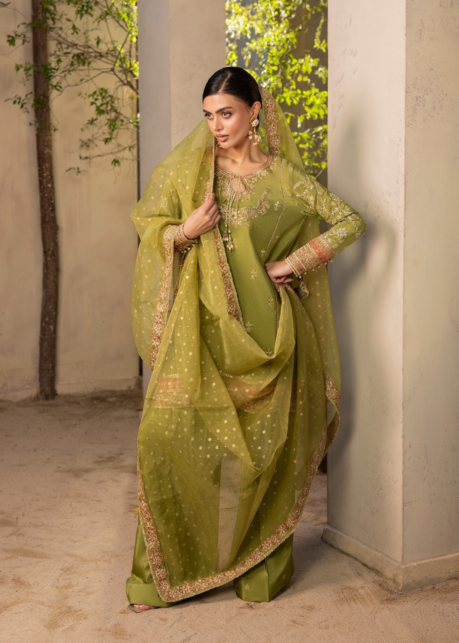 raw silk Kurta Set in Olive green