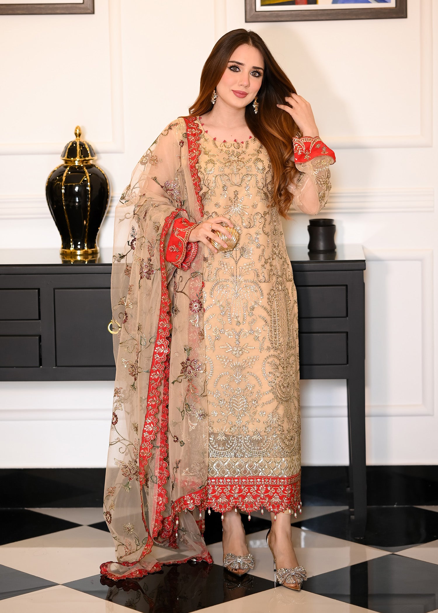 net Kurta Set in Beige