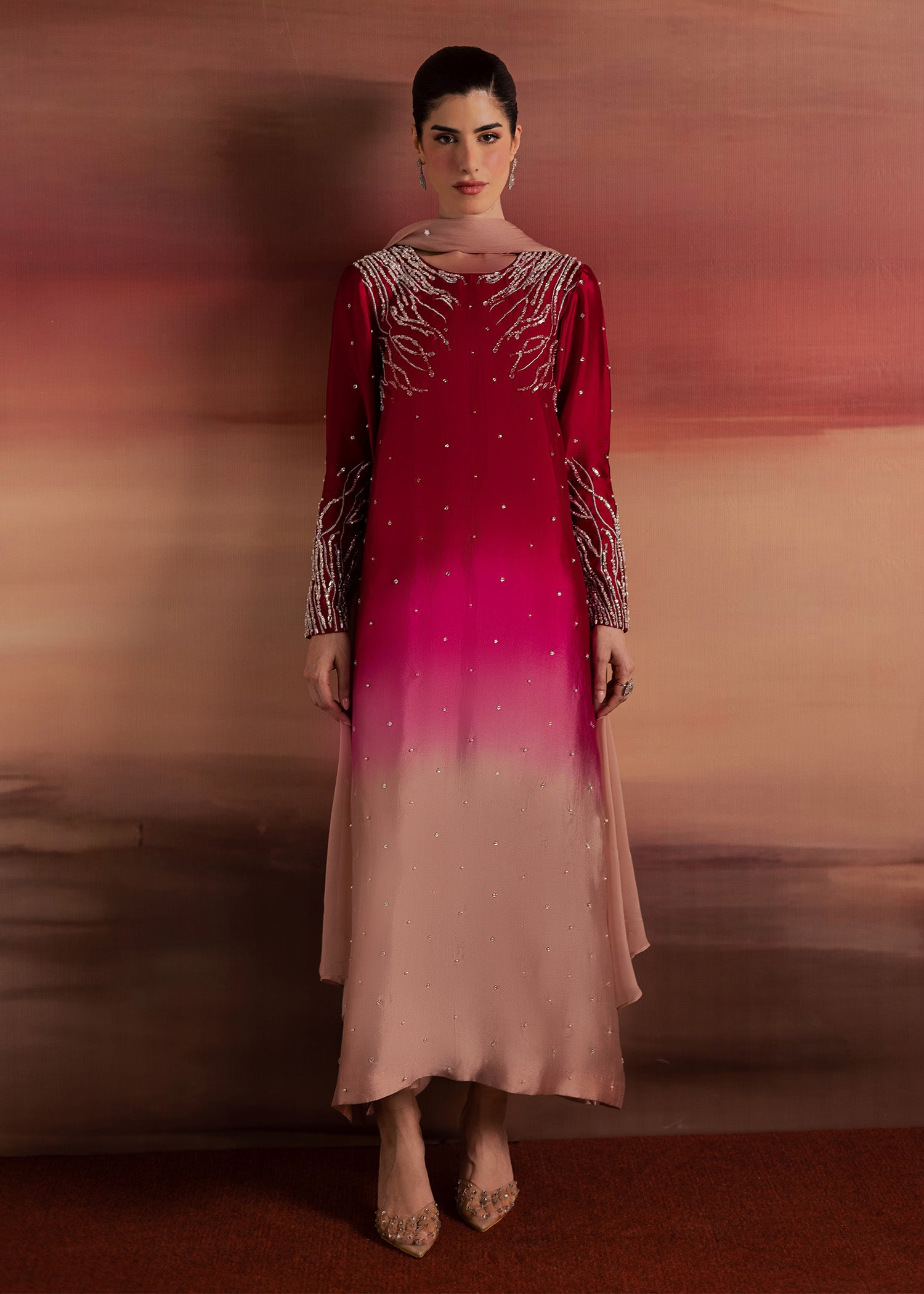 tussar silk Kaftan in Crimson