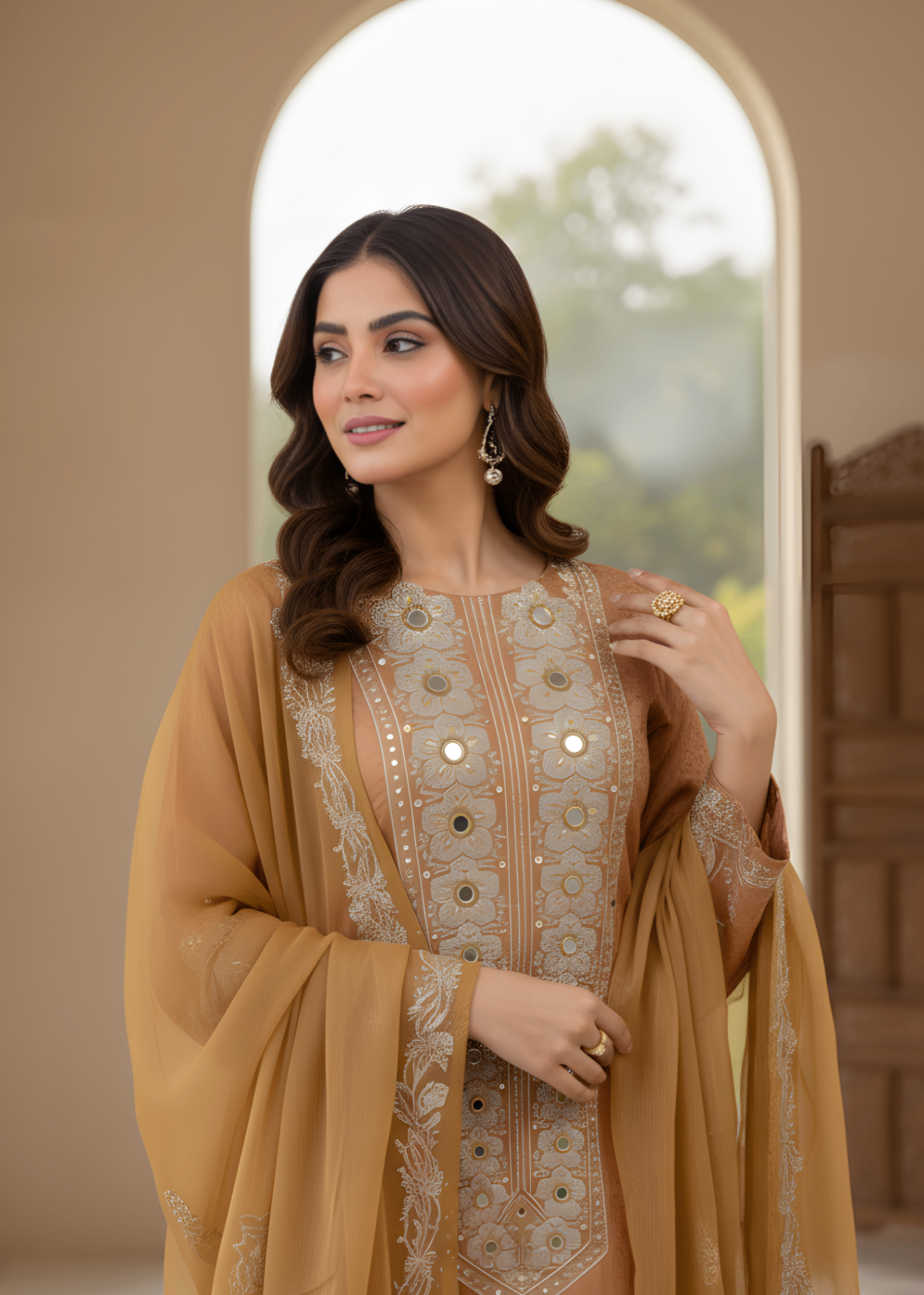 jacquard viscose Kurta Set in Brown