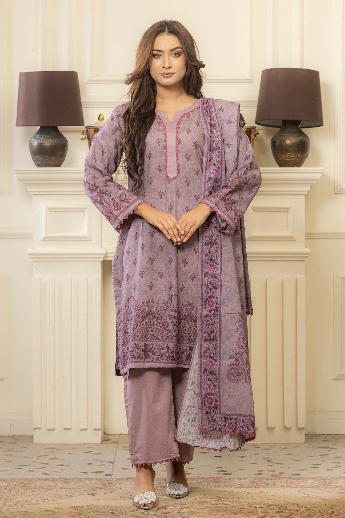 lawn voile Kurta Set in Lilac