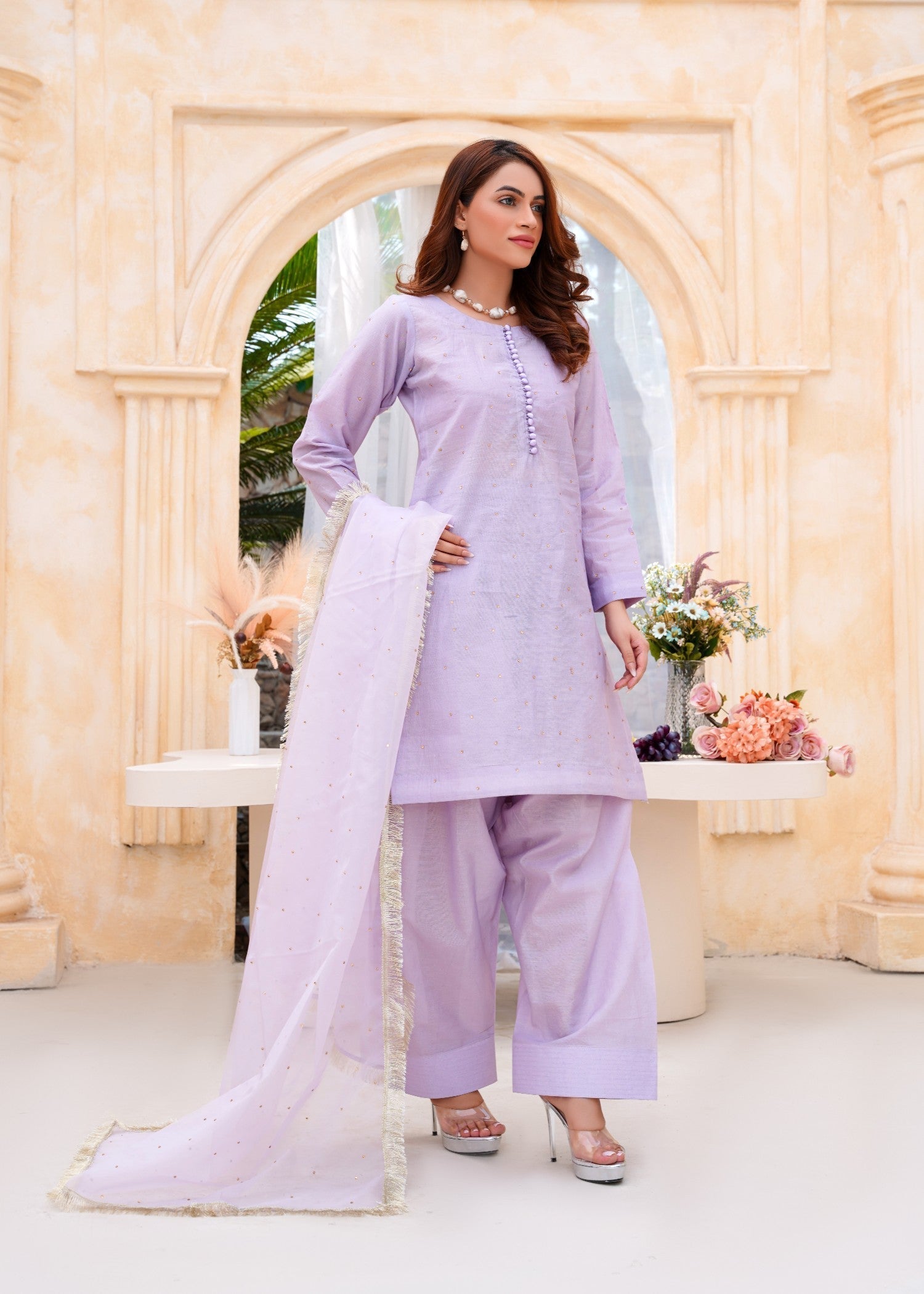 cotton silk Kurta Set in Lilac