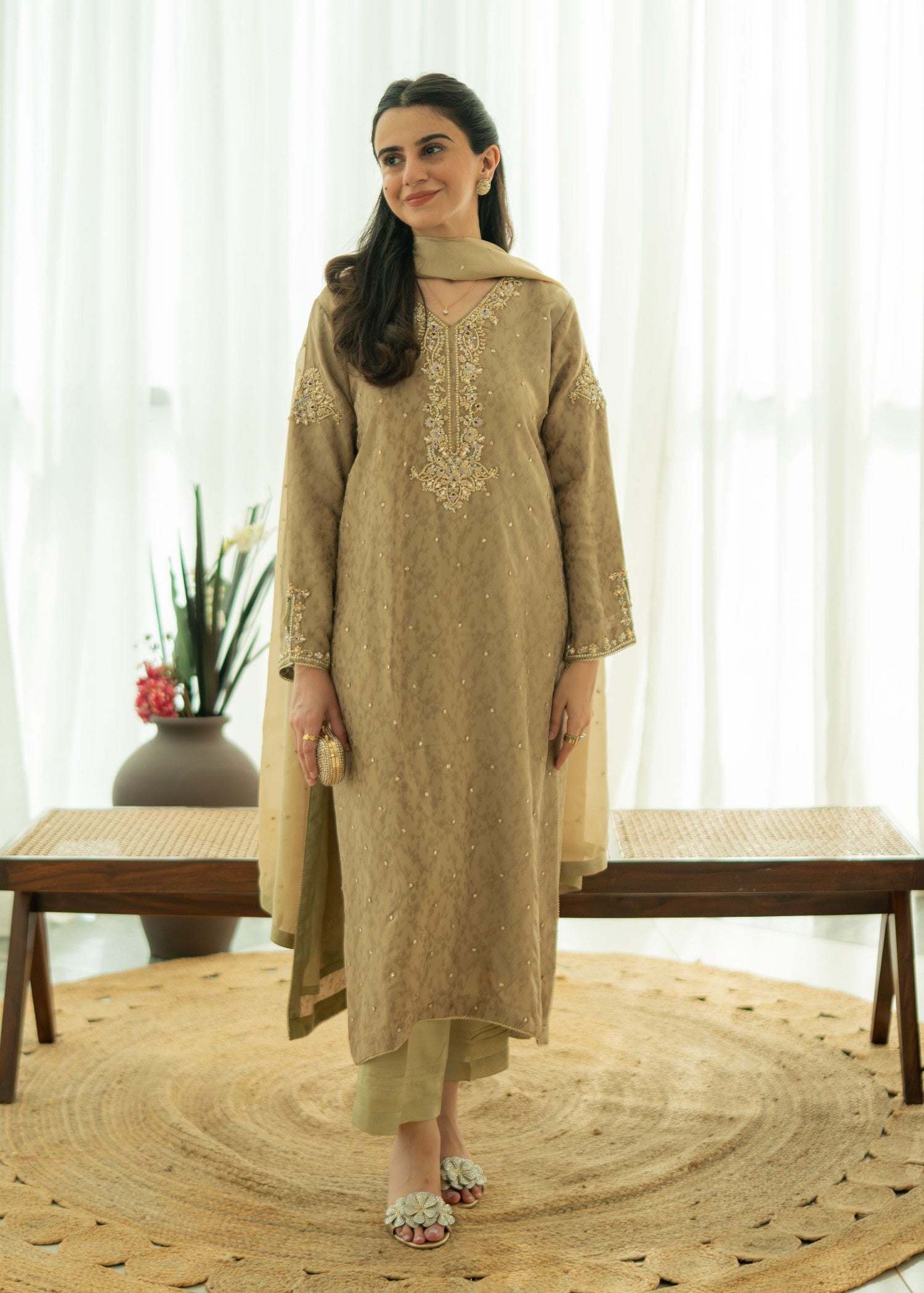 silk Kurta Set in Camel brown