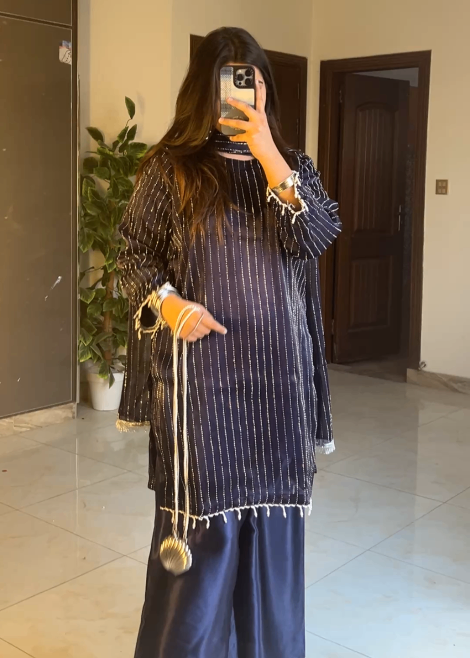 crinkle Kurta Set in Navy blue