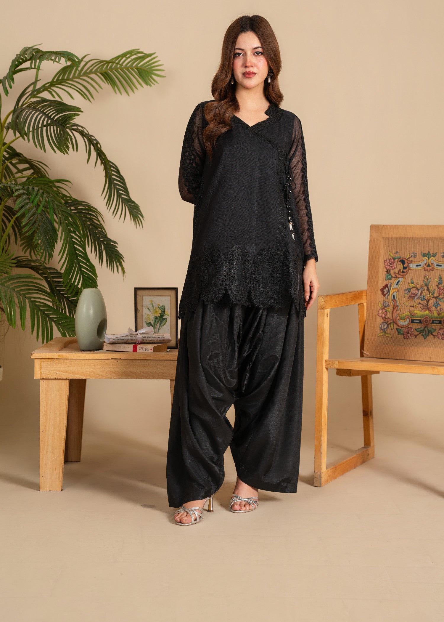 cotton net Angrakha in Black