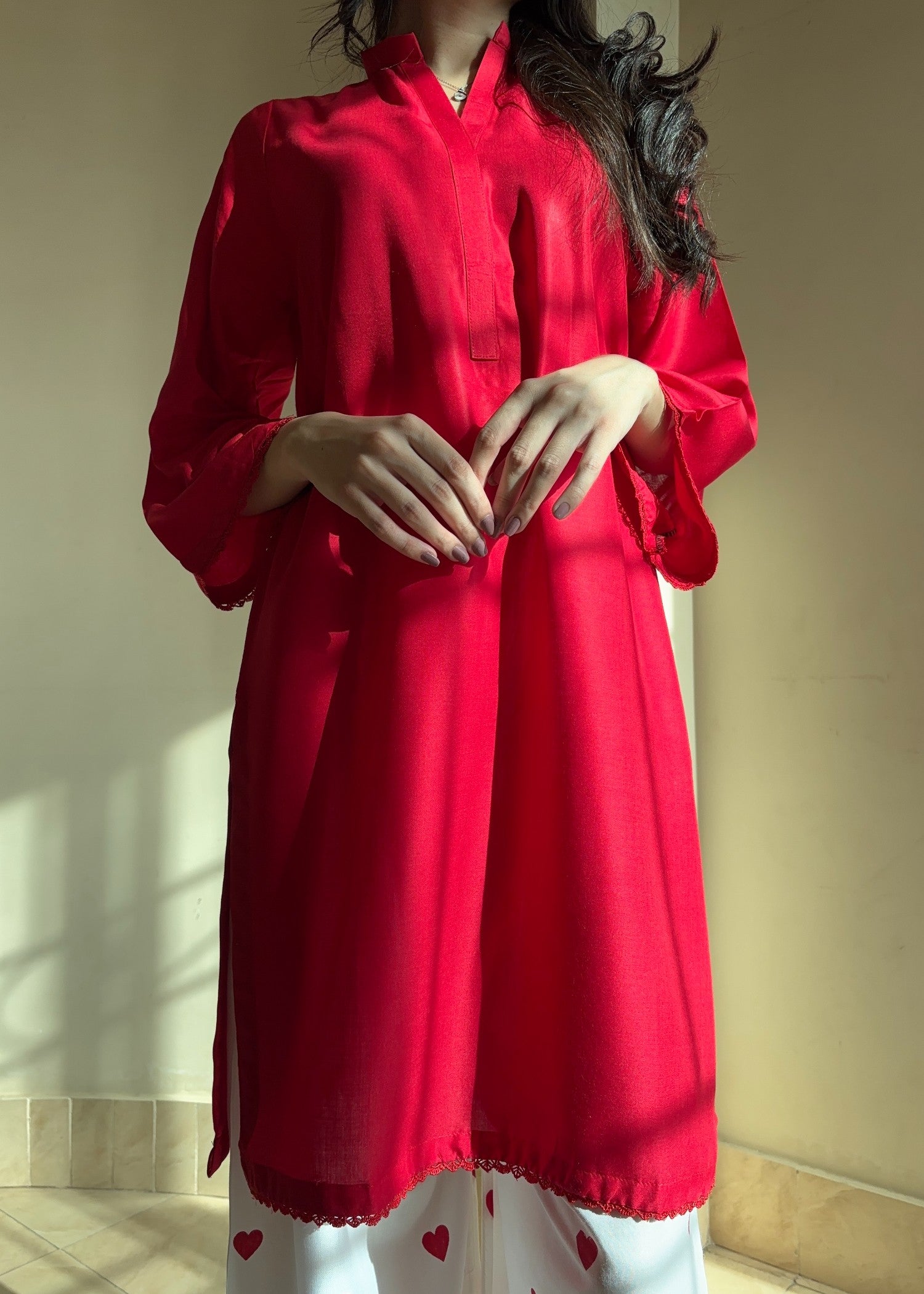 arabic lawn Kurta Set in Red