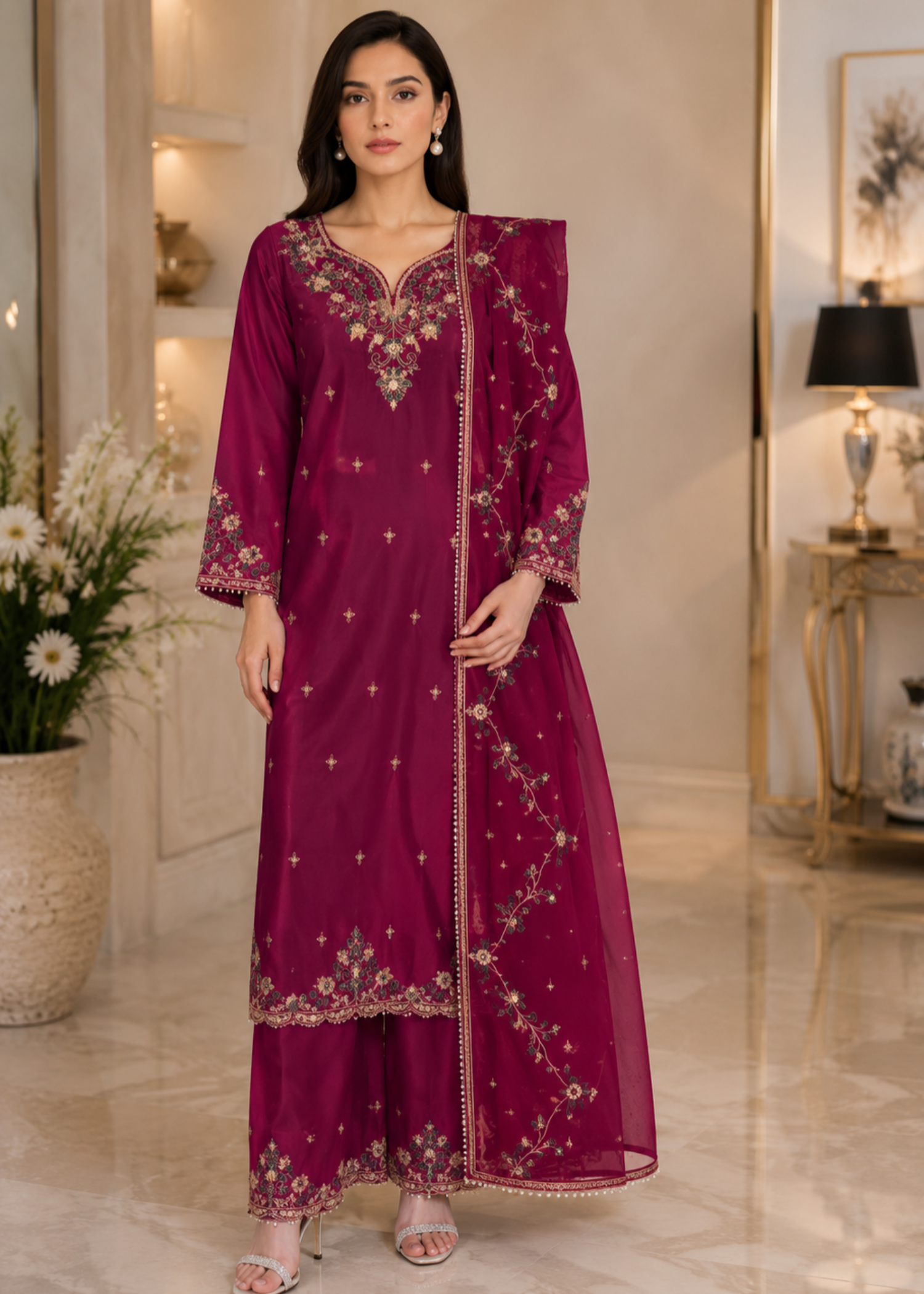 silk Kurta Set in Magenta haze