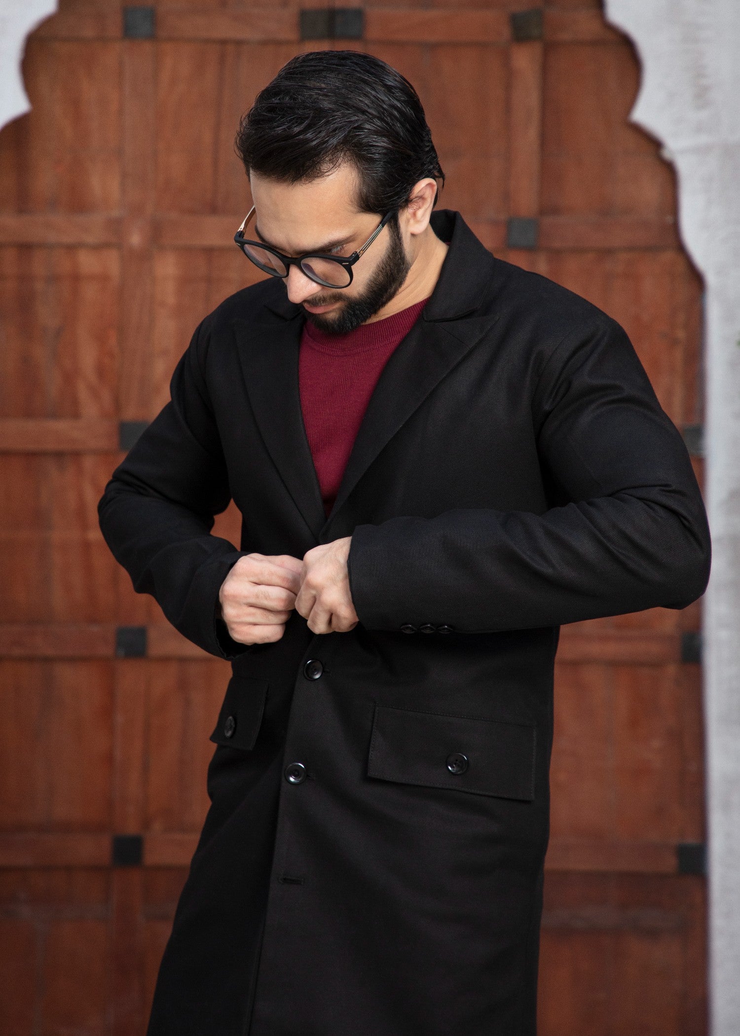 twill khaddar Coat in Black