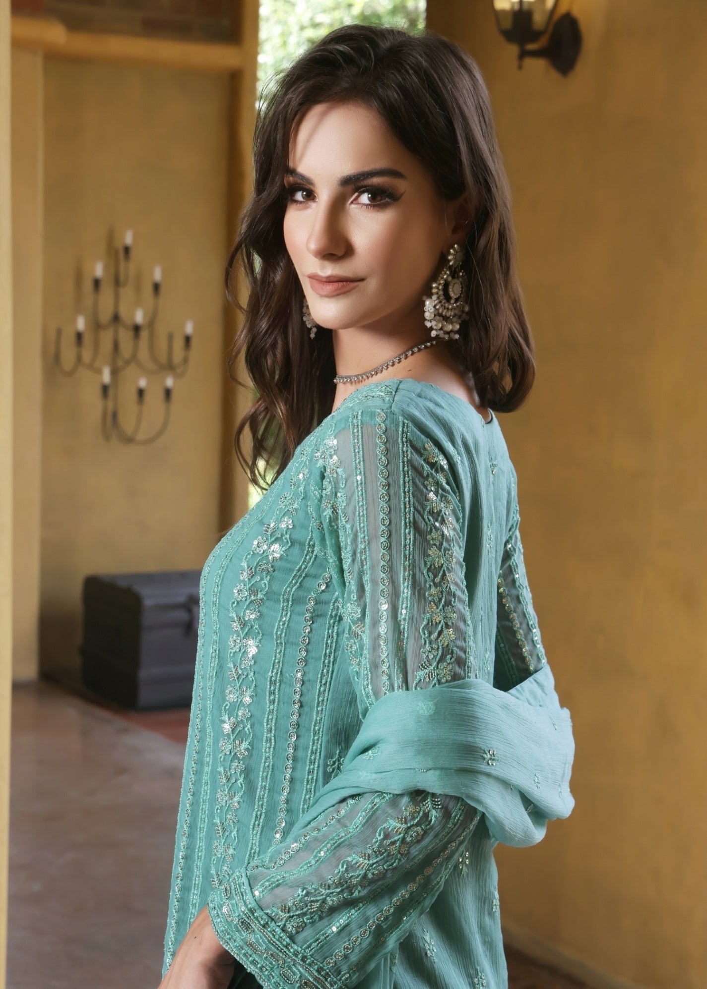 chiffon Kurta Set in Light cyan