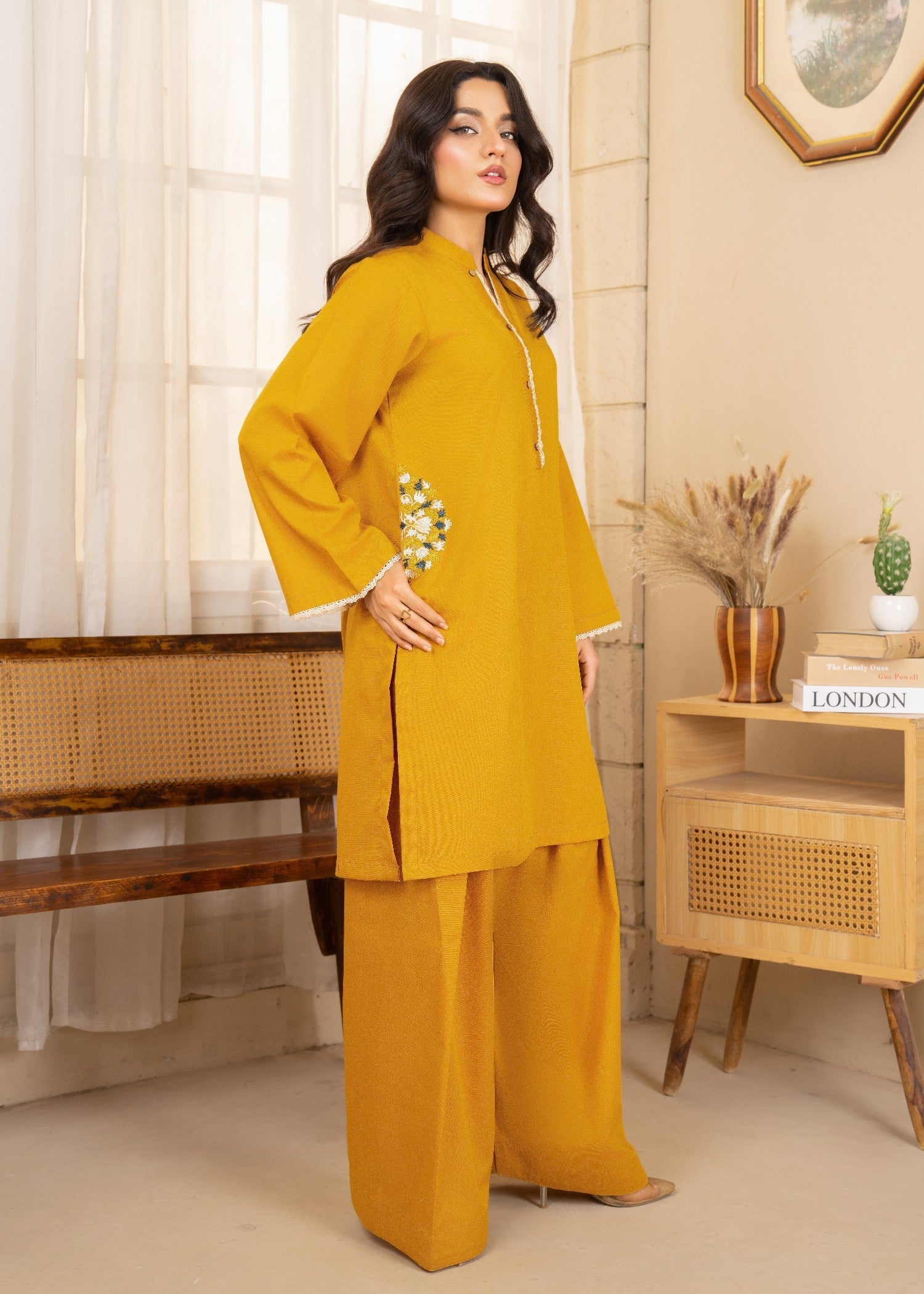 twill khaddar Kurta Set in Mustard