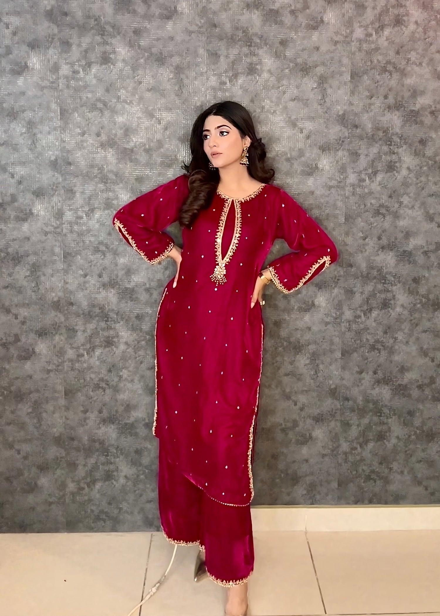 velvet Kurta Set in Raspberry pink