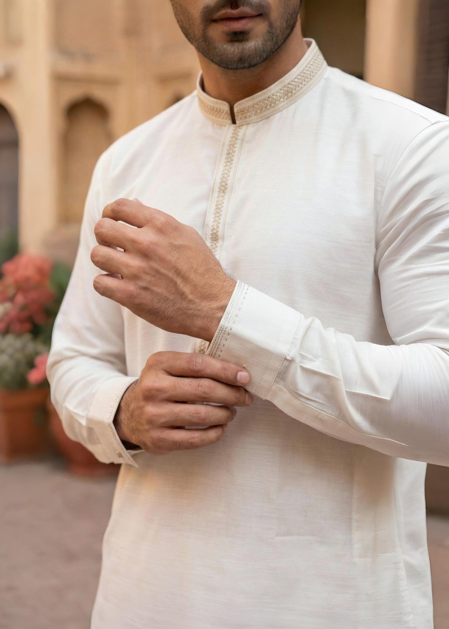 textured wash & wear Shalwar Kameez in Off-white